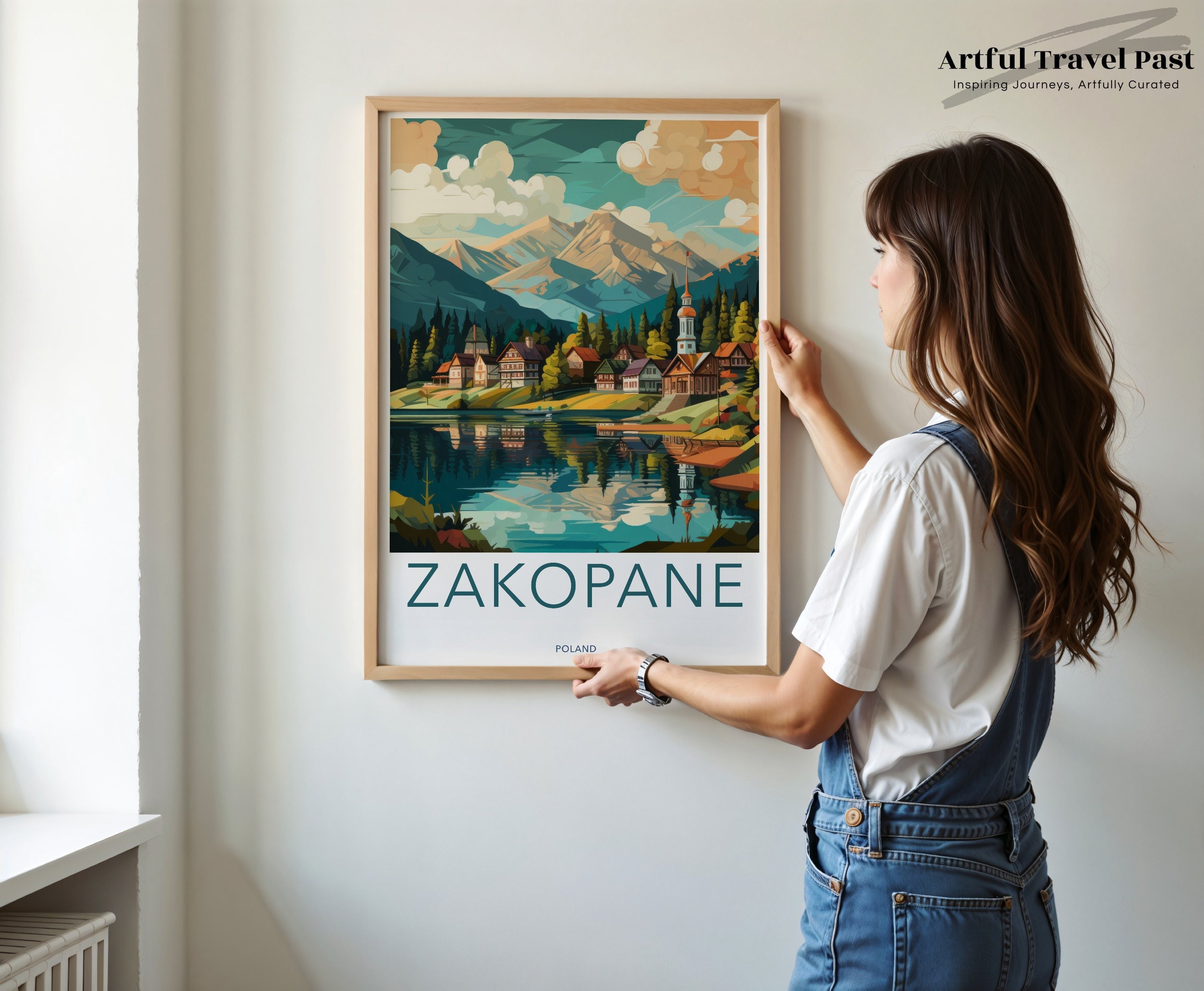 Zakopane Poland Mountain Lake Village Landscape Illustration, Scenic Nature Wall Art, Colorful Travel Poster, Home Decor