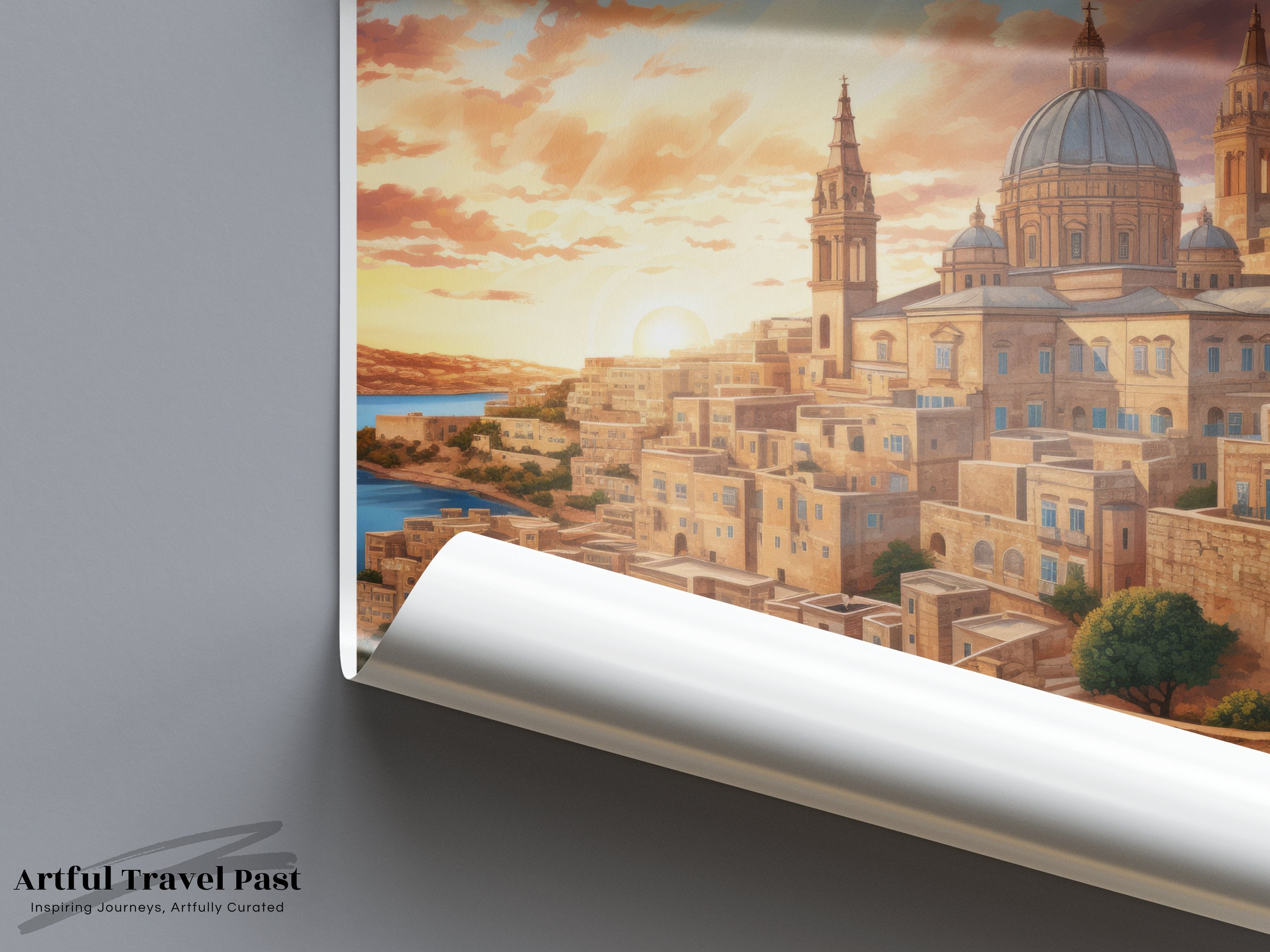 Valletta Malta Travel Poster, Vintage Wall Art, Retro Cityscape Print, Mediterranean Architecture, Scenic Sunset Artwork