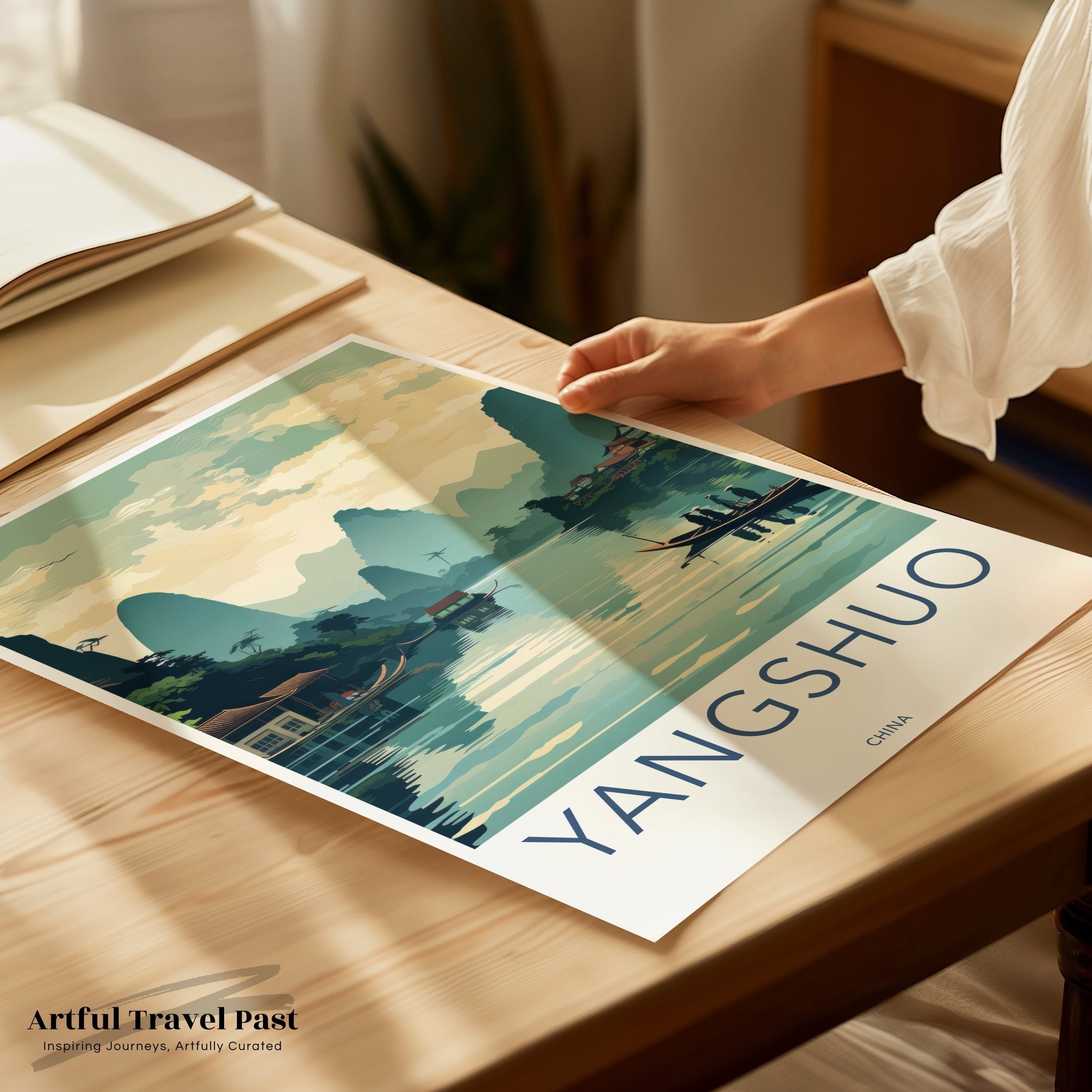 Yangshuo China wall art, Chinese landscape art print, tranquil scenery poster, Yangshuo mountains river view, travel decor