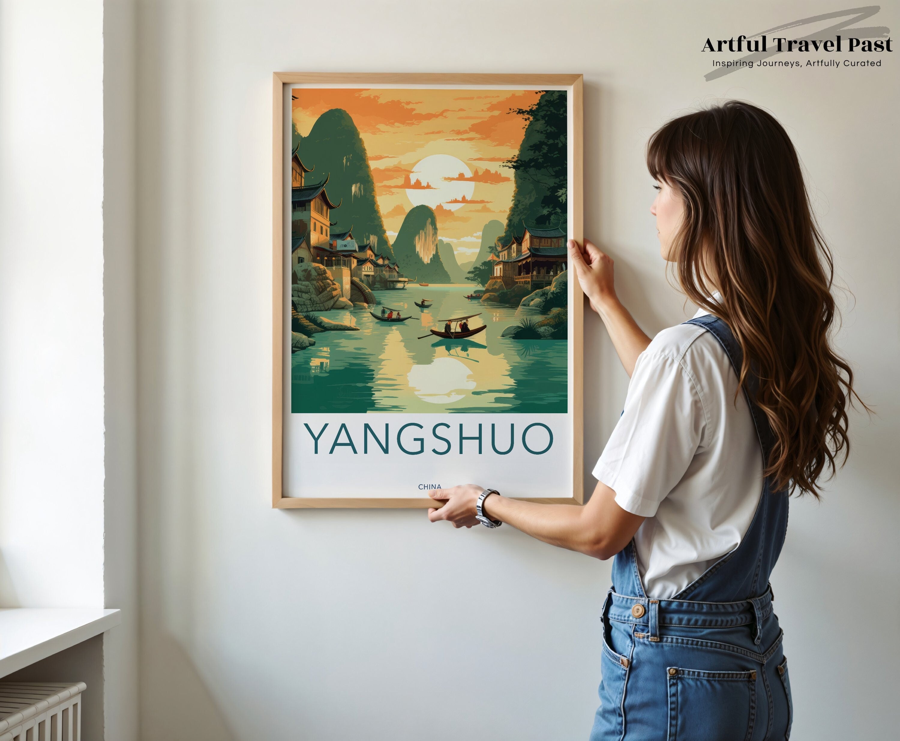 Yangshuo China Wall Art, Sunset River Reflection Poster, Scenic Mountain Landscape Print, Asian Travel Decor, Retro Style Artwork