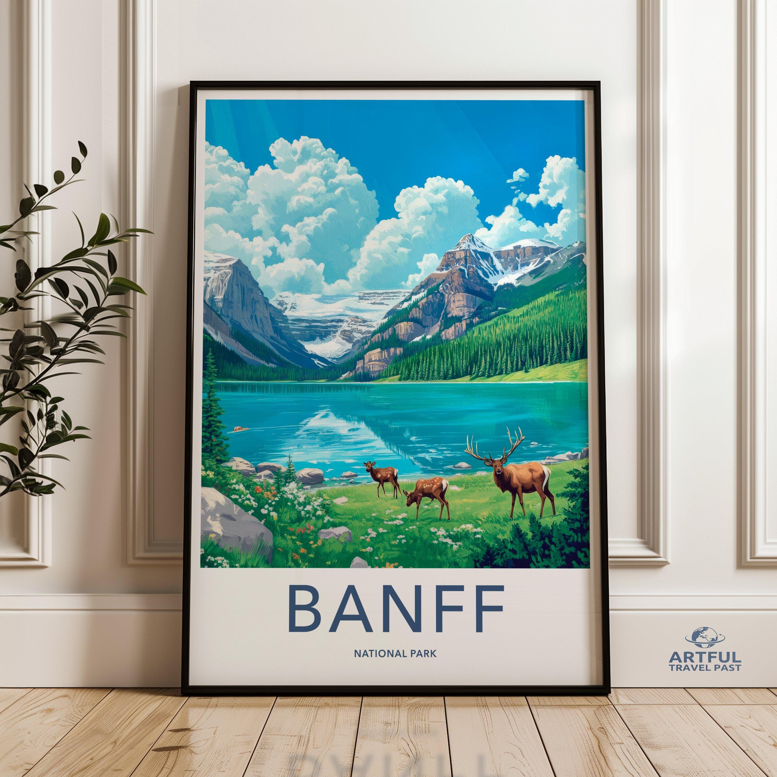 Banff National Park Wall Art, Nature Landscape Print, Mountain Lake Poster, Wildlife Scenery Artwork, Elk Deer Illustration Decor