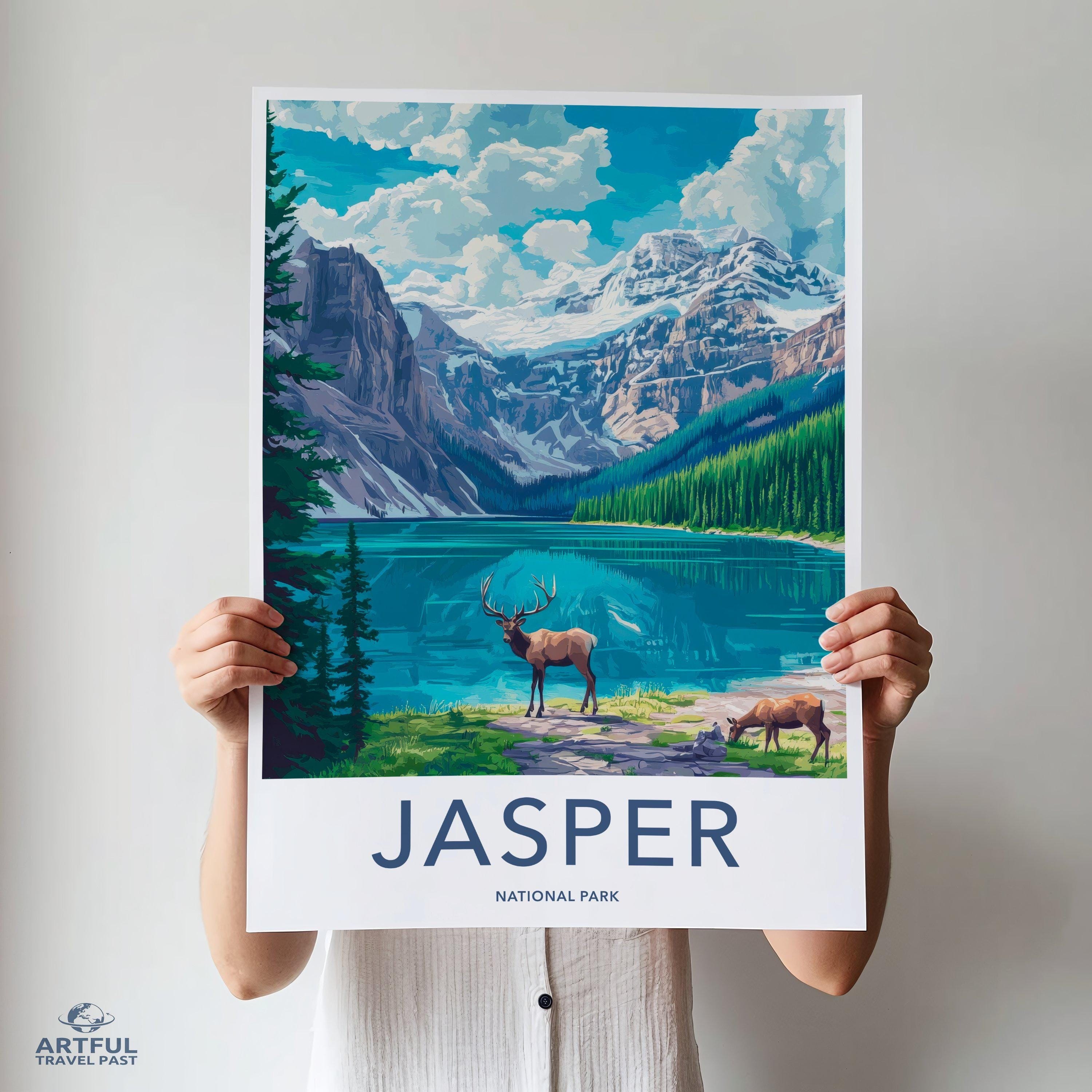 Jasper National Park Wall Art, Scenic Landscape Print, Wildlife Nature Decor, Mountain Lake Poster, Home Office Decoration