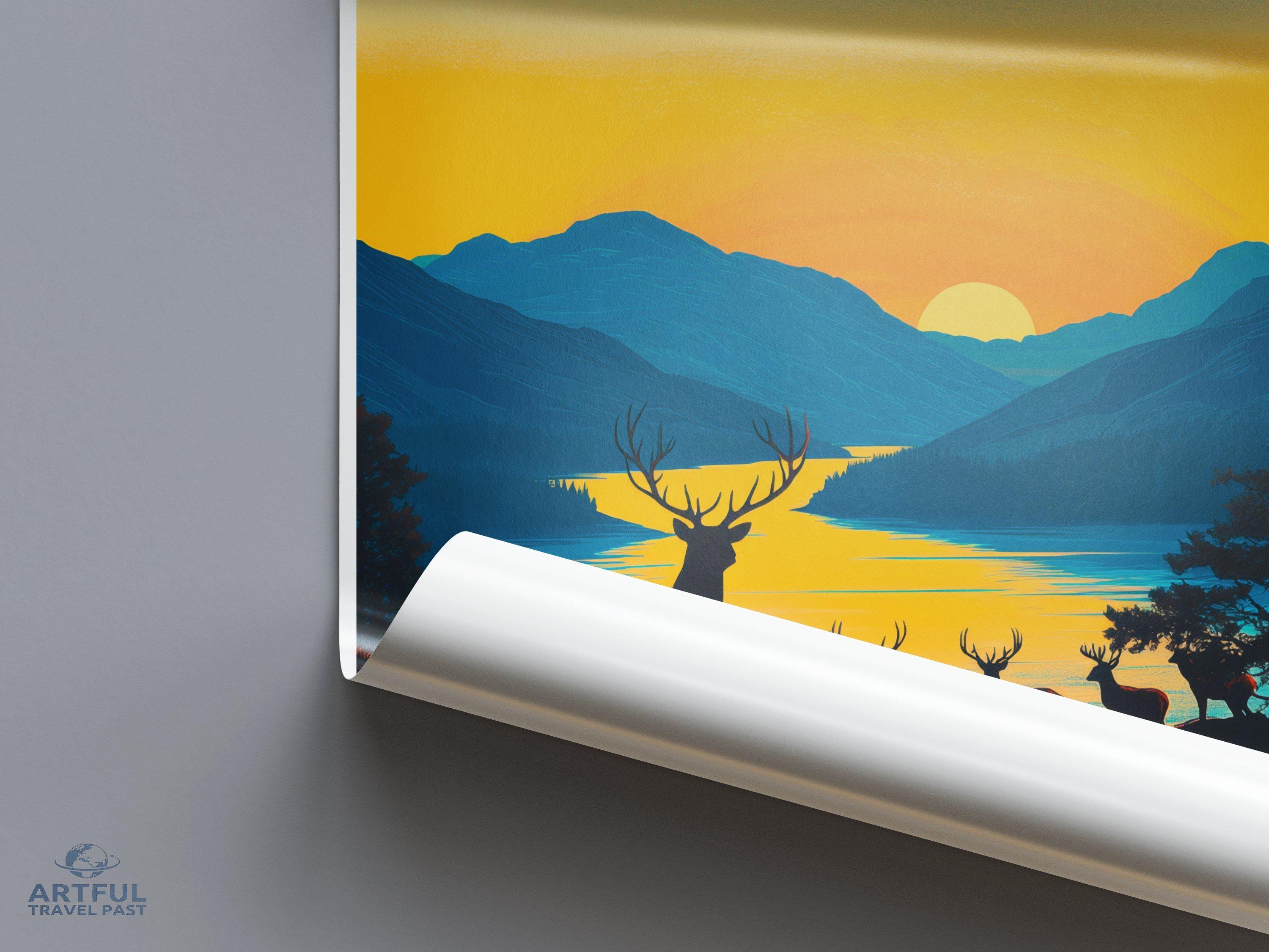 Cairngorms National Park Wall Art, Sunset and Deer Poster, Scenic Mountain Landscape Print, Nature Art Decor, Cabin Decor Gift