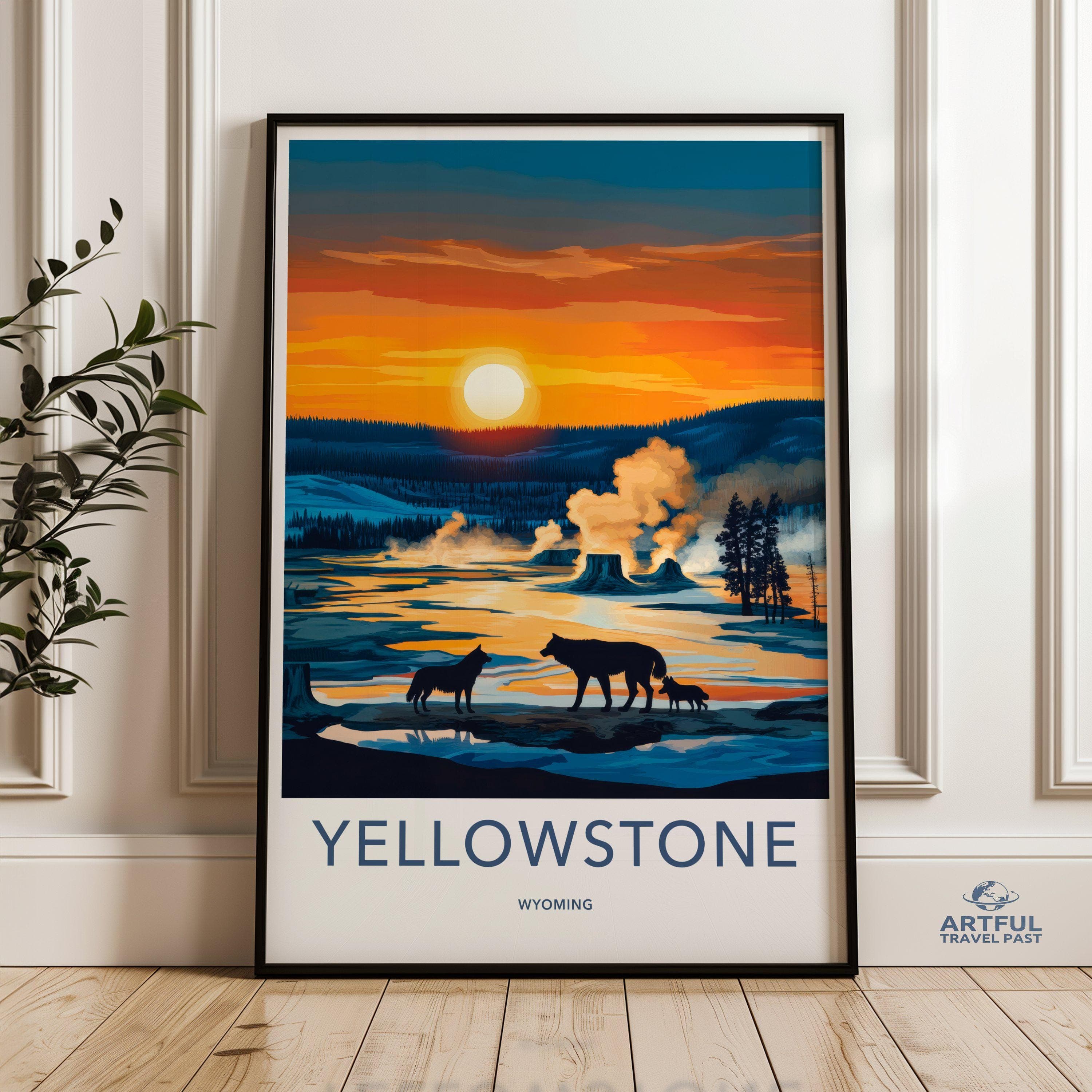 Yellowstone National Park wall art, sunset landscape print, wildlife art print, nature decor, rustic home decor, Wyoming travel poster