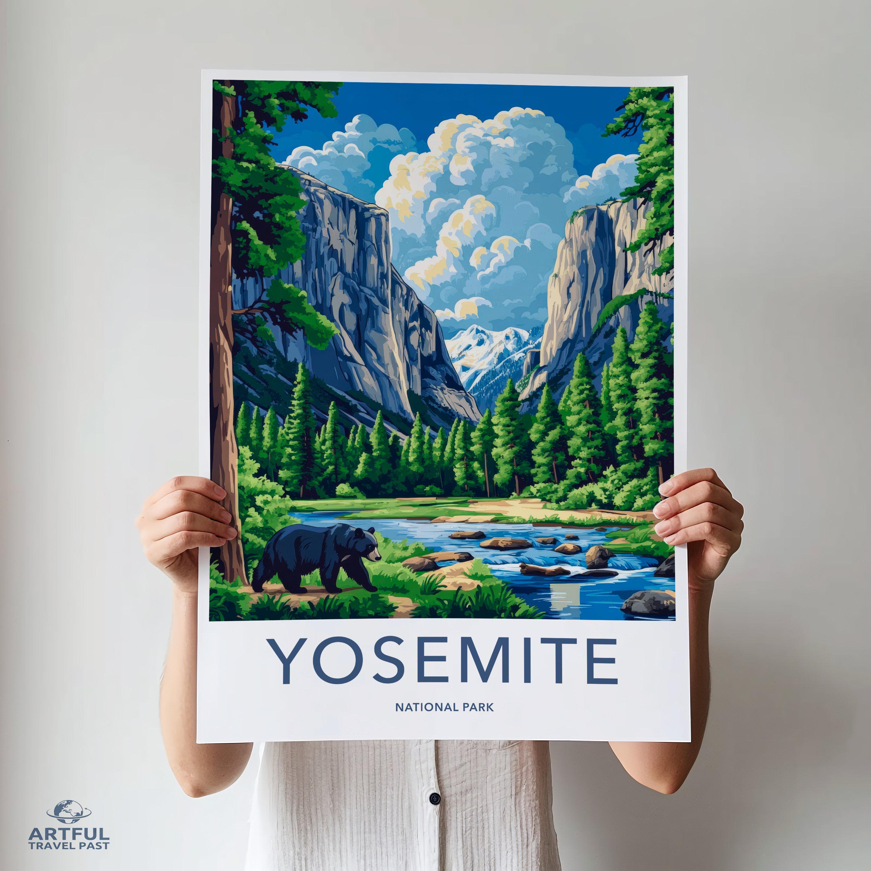 Yosemite National Park Wall Art, Nature Landscape Poster, Scenic Mountain Print, Bear and Forest Artwork, Gift for Hikers