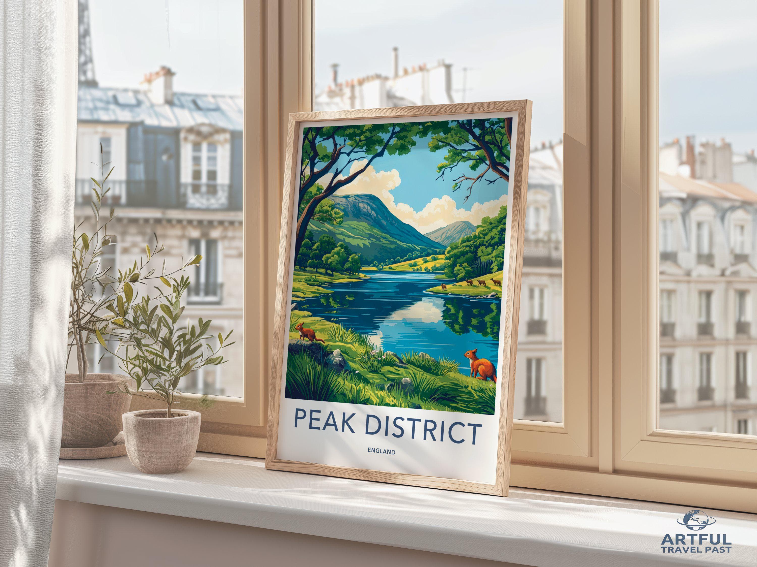 Scenic Peak District Landscape Wall Art Print, Nature Illustration Poster, Countryside Decor, Mountain and Lake Artwork