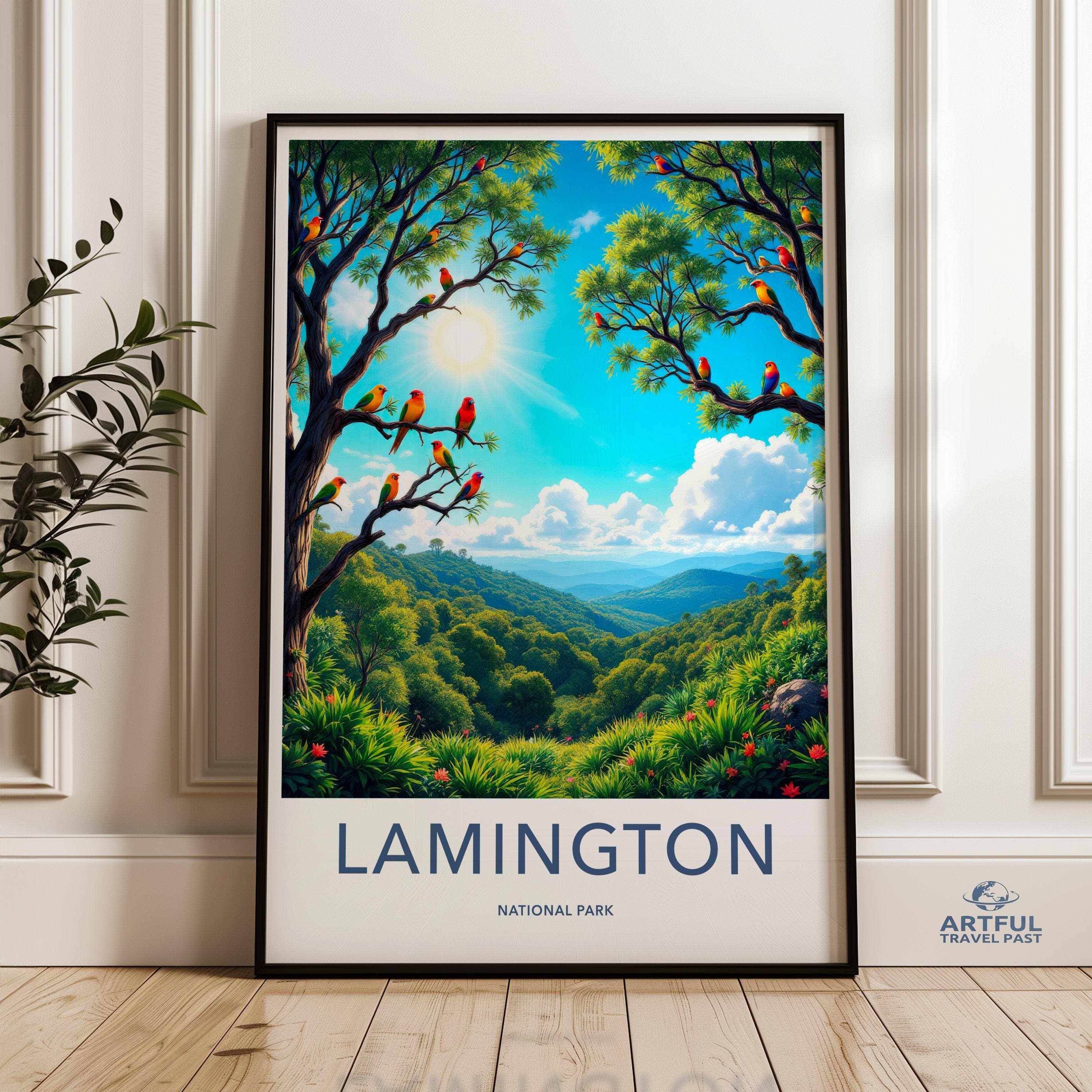 Lamington National Park wall art, Colorful nature poster, Birds in forest print, Scenic landscape artwork, Vibrant home decor