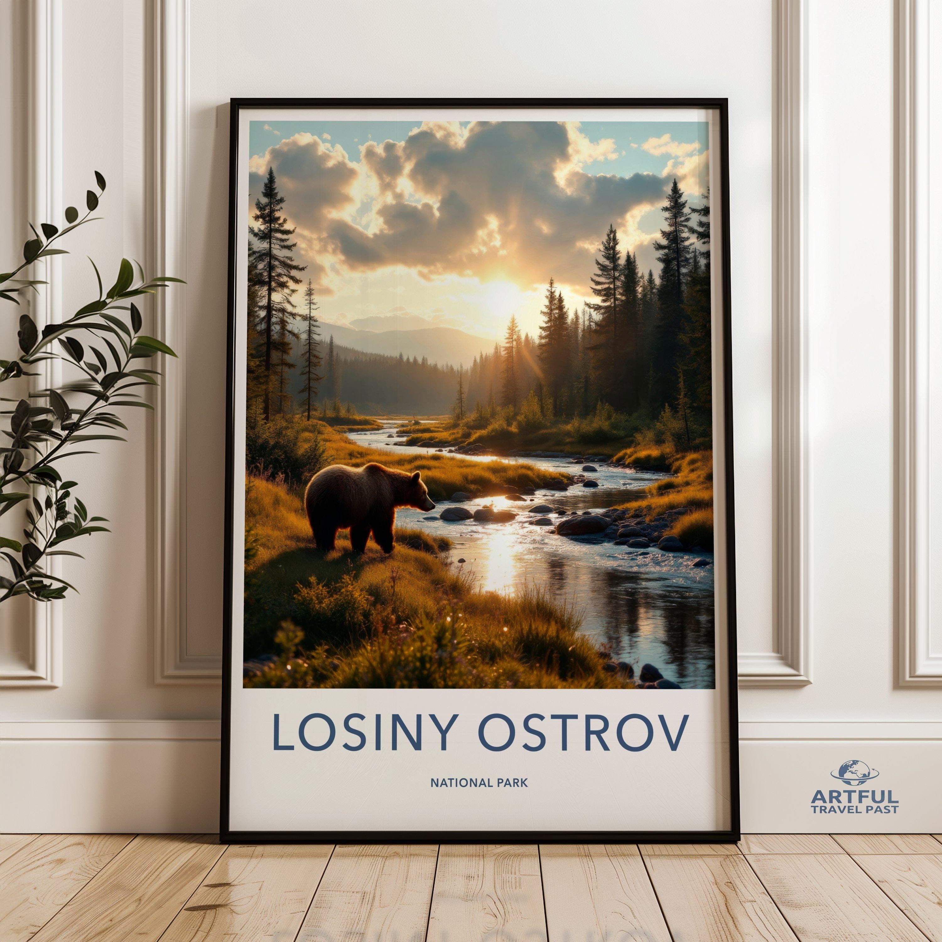 Grizzly Bear Next to River Wall Art, Sunset Landscape, Nature Canvas, Wild Animals Print, National Park Poster, Scenic Photography