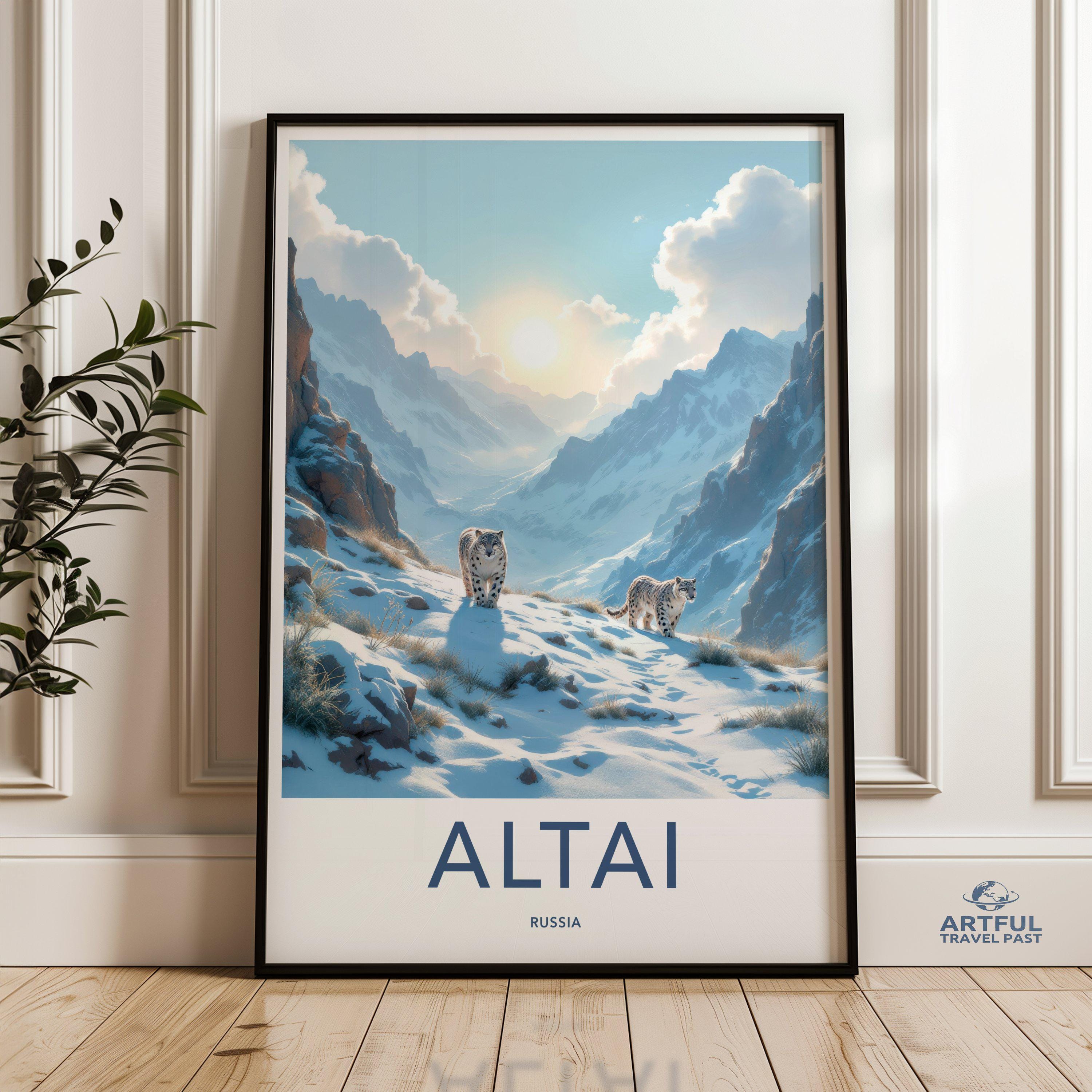 Altai Mountains Snowy Landscape, Wildlife Wall Art, Winter Nature Print, Scenic Mountain View, Russia Travel Poster, Snow Leopards