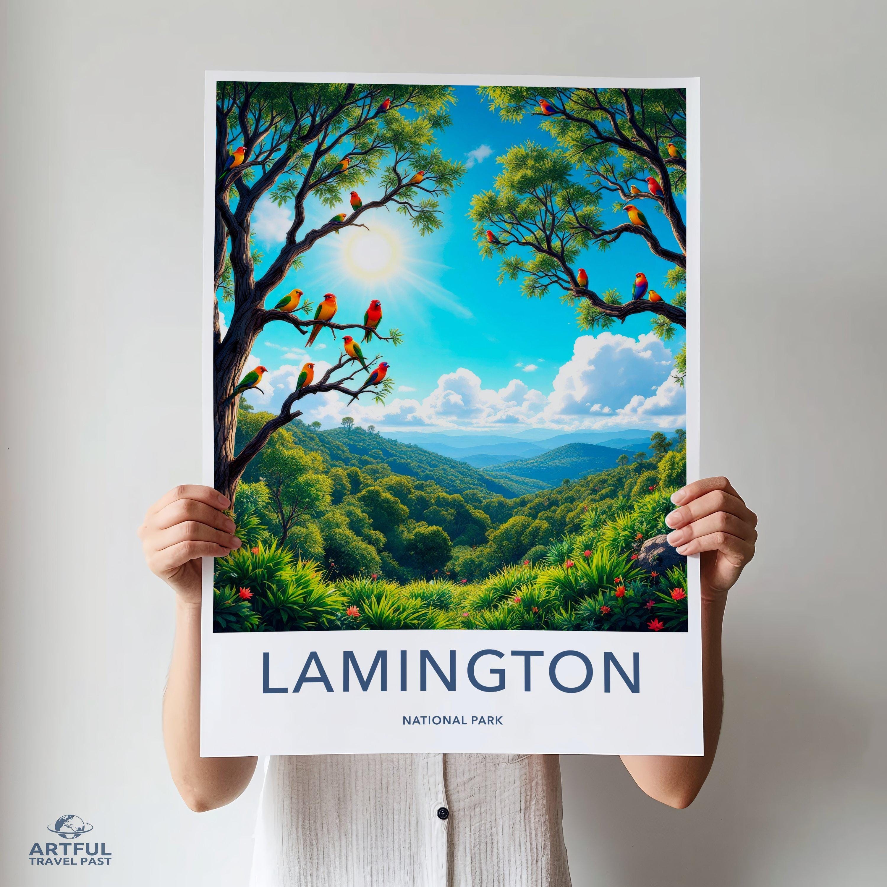 Lamington National Park wall art, Colorful nature poster, Birds in forest print, Scenic landscape artwork, Vibrant home decor