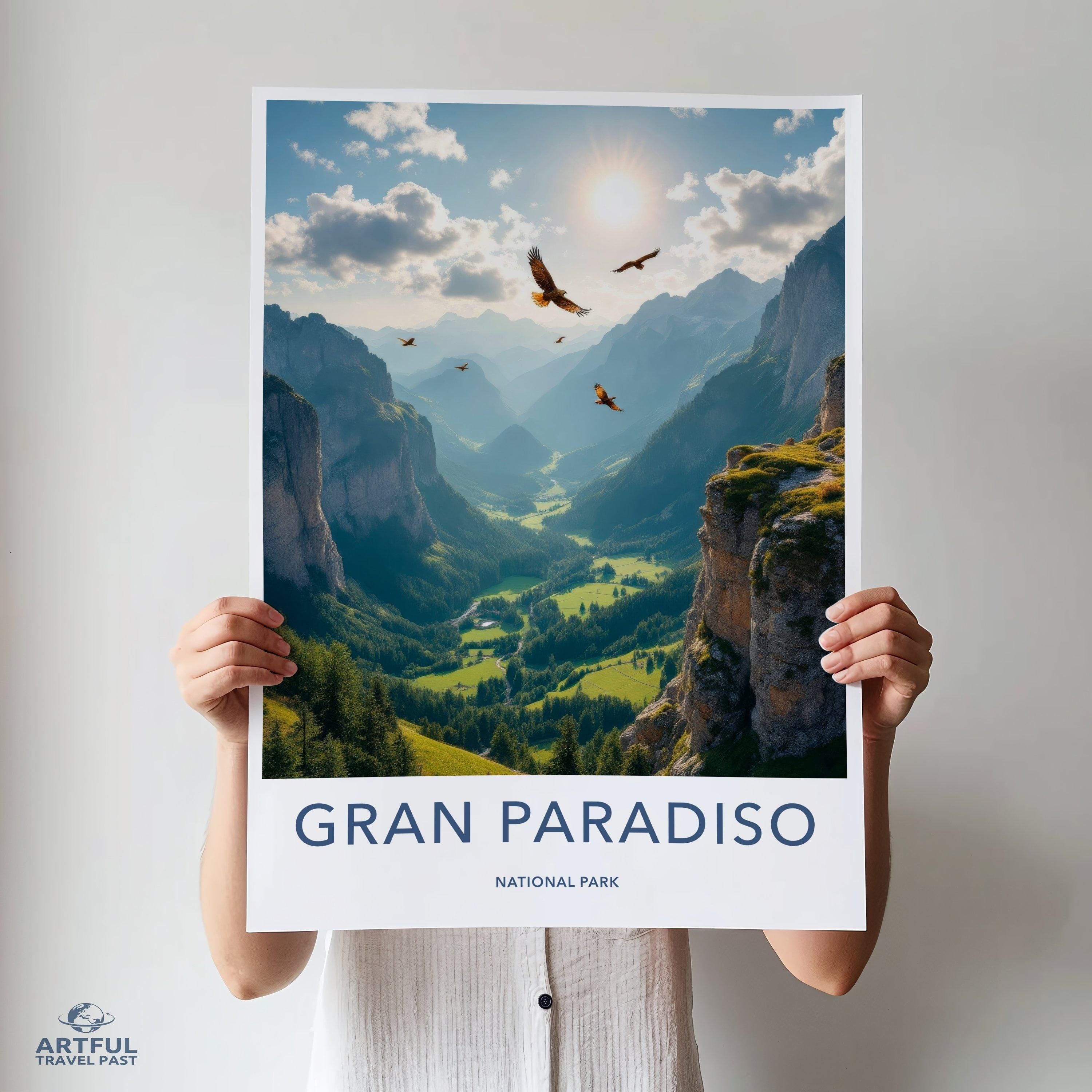 Gran Paradiso National Park Wall Art, Nature Landscape Print, Mountain Valley Poster, Sunlight Scenery, Birds in Flight Decor