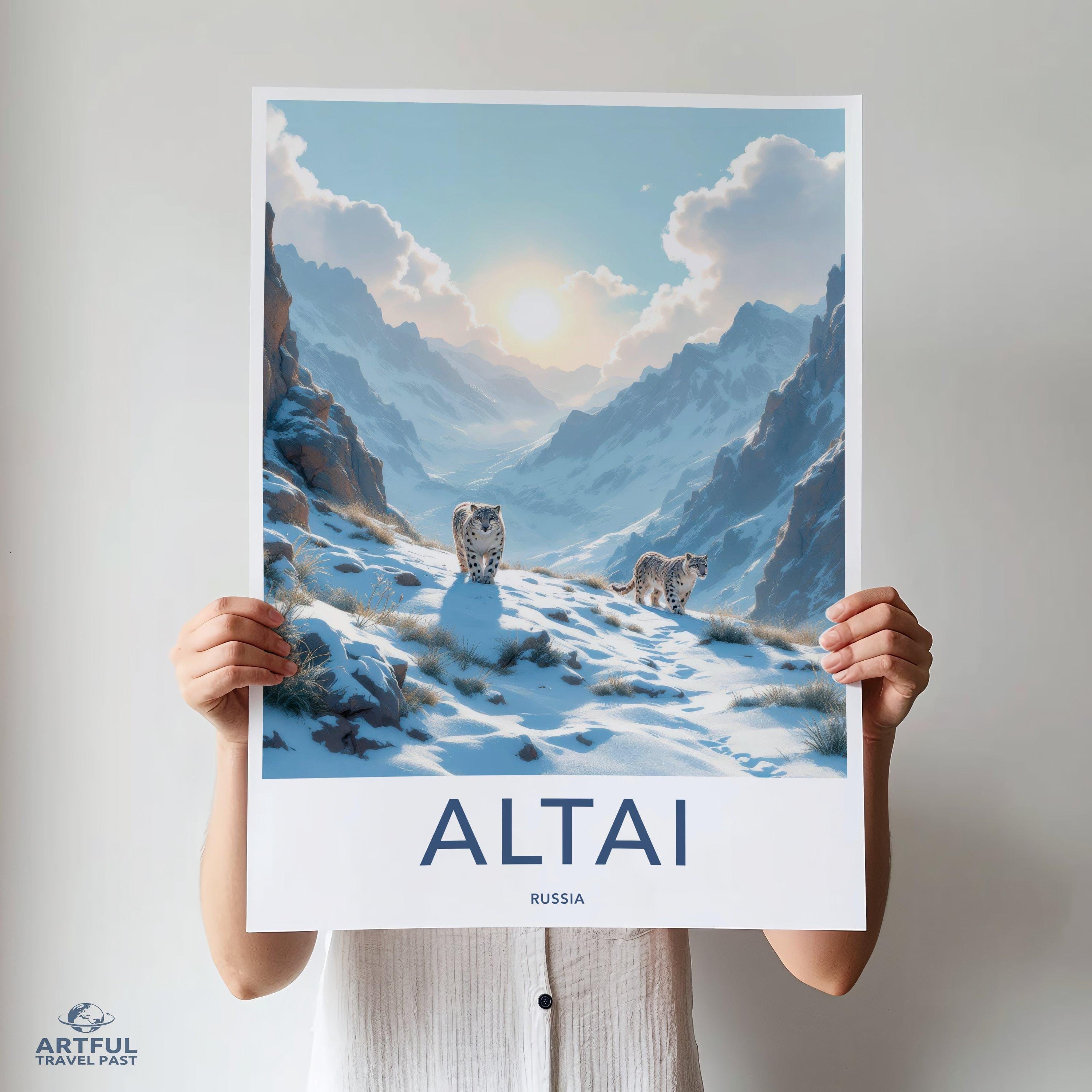 Altai Mountains Snowy Landscape, Wildlife Wall Art, Winter Nature Print, Scenic Mountain View, Russia Travel Poster, Snow Leopards