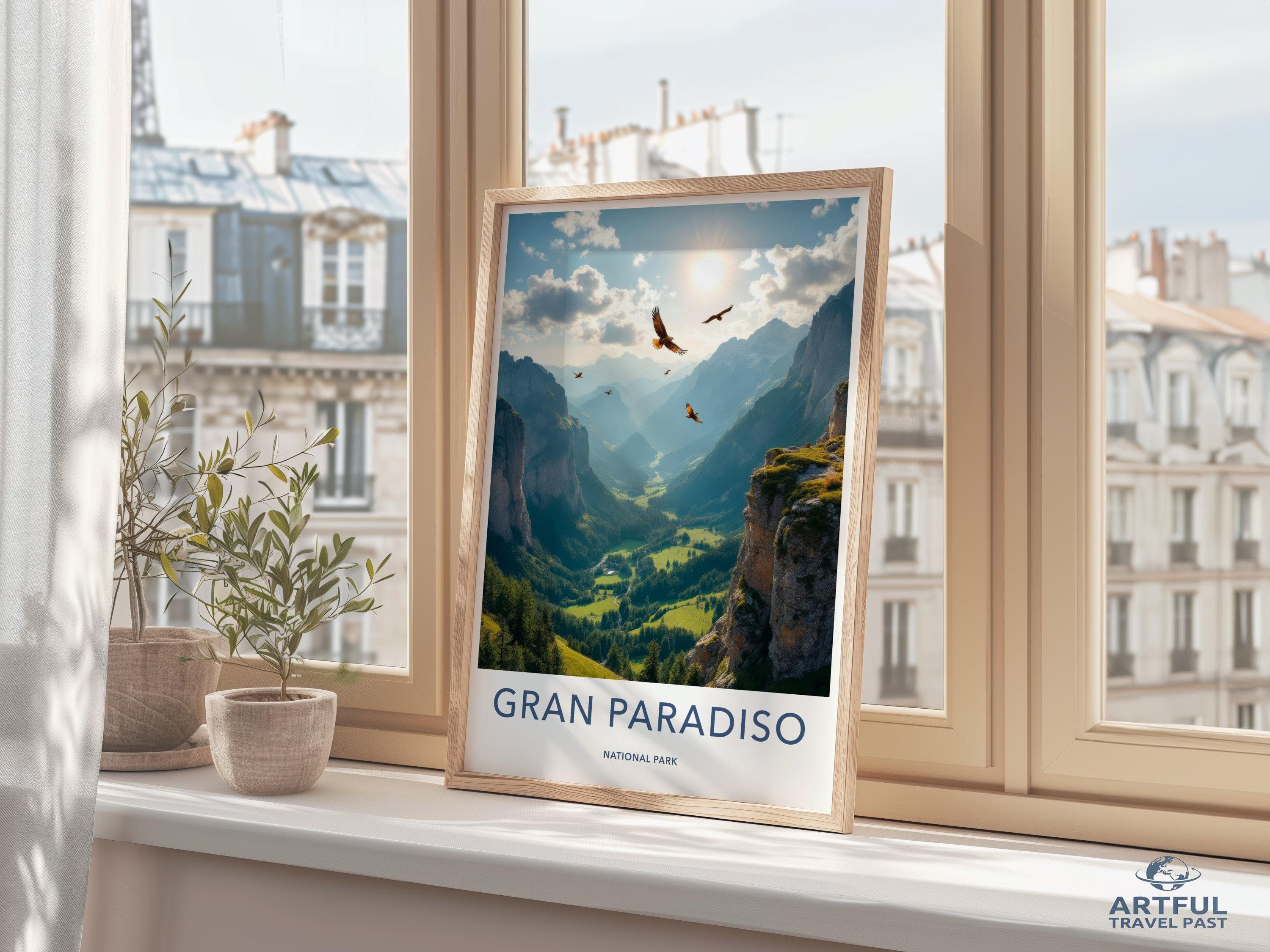 Gran Paradiso National Park Wall Art, Nature Landscape Print, Mountain Valley Poster, Sunlight Scenery, Birds in Flight Decor