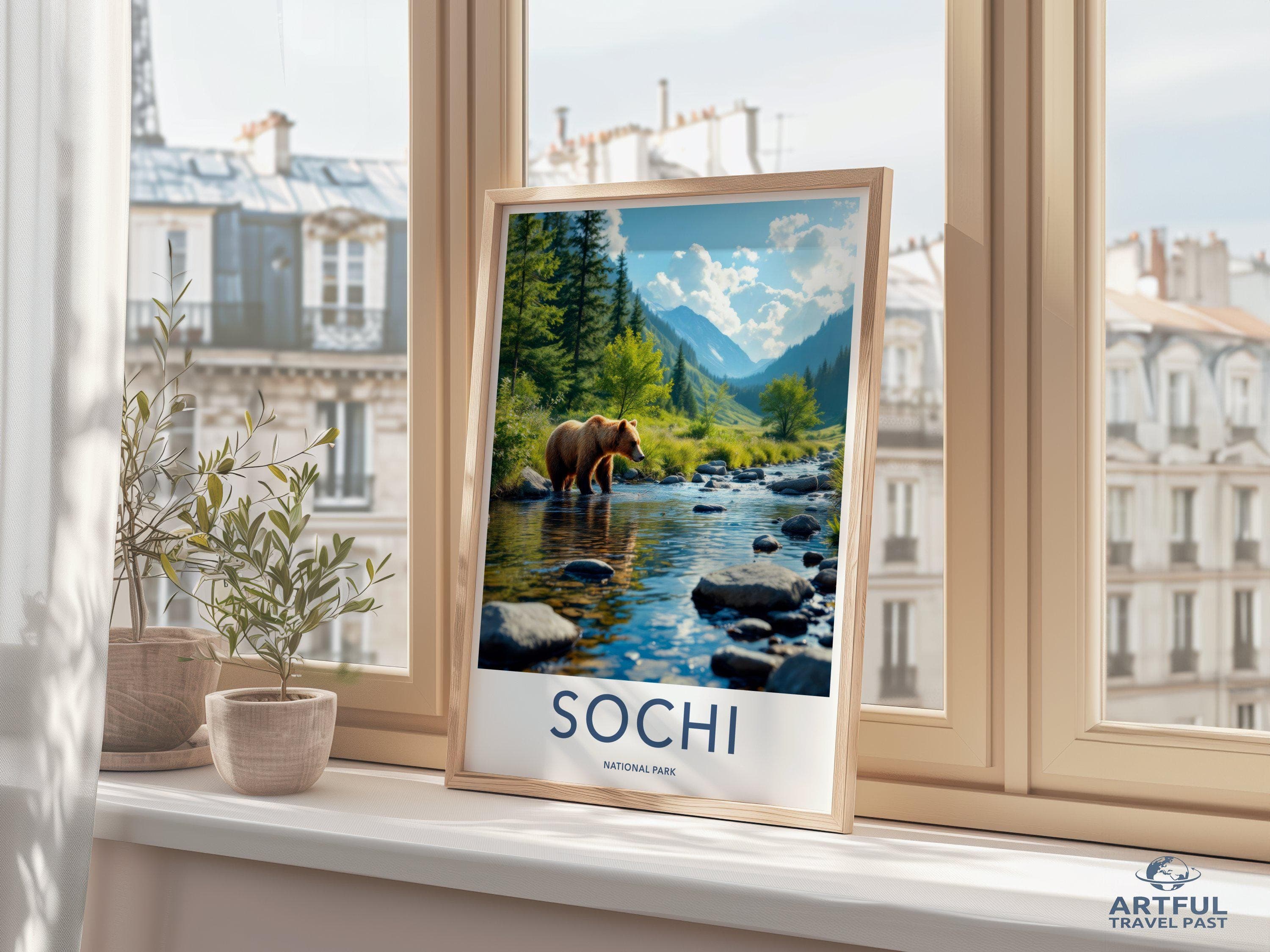 Bear in River Sochi National Park Wall Art, Nature Scenery Print, Wilderness Landscape Poster, Mountain View Decor, Wildlife Art