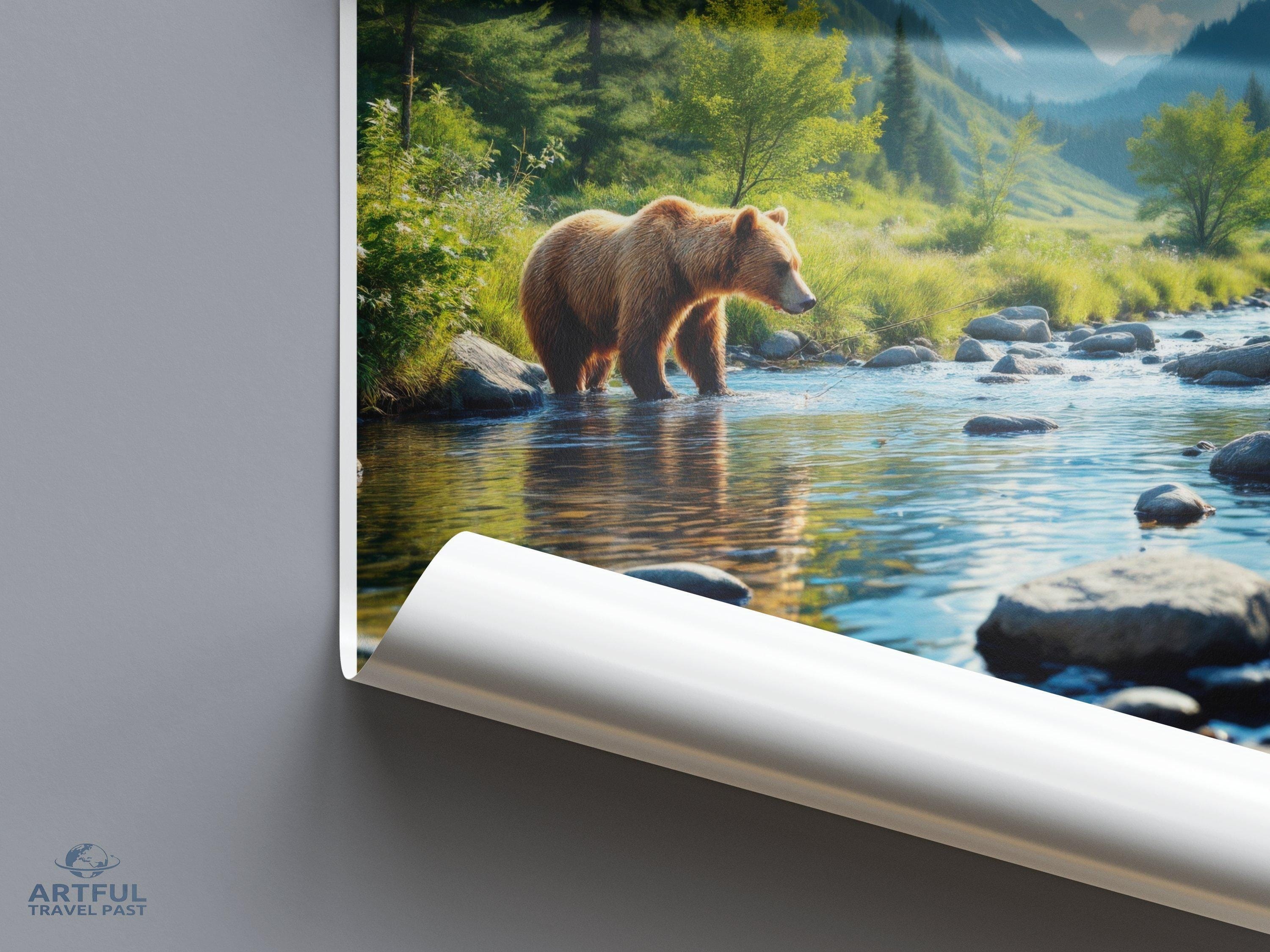 Bear in River Sochi National Park Wall Art, Nature Scenery Print, Wilderness Landscape Poster, Mountain View Decor, Wildlife Art