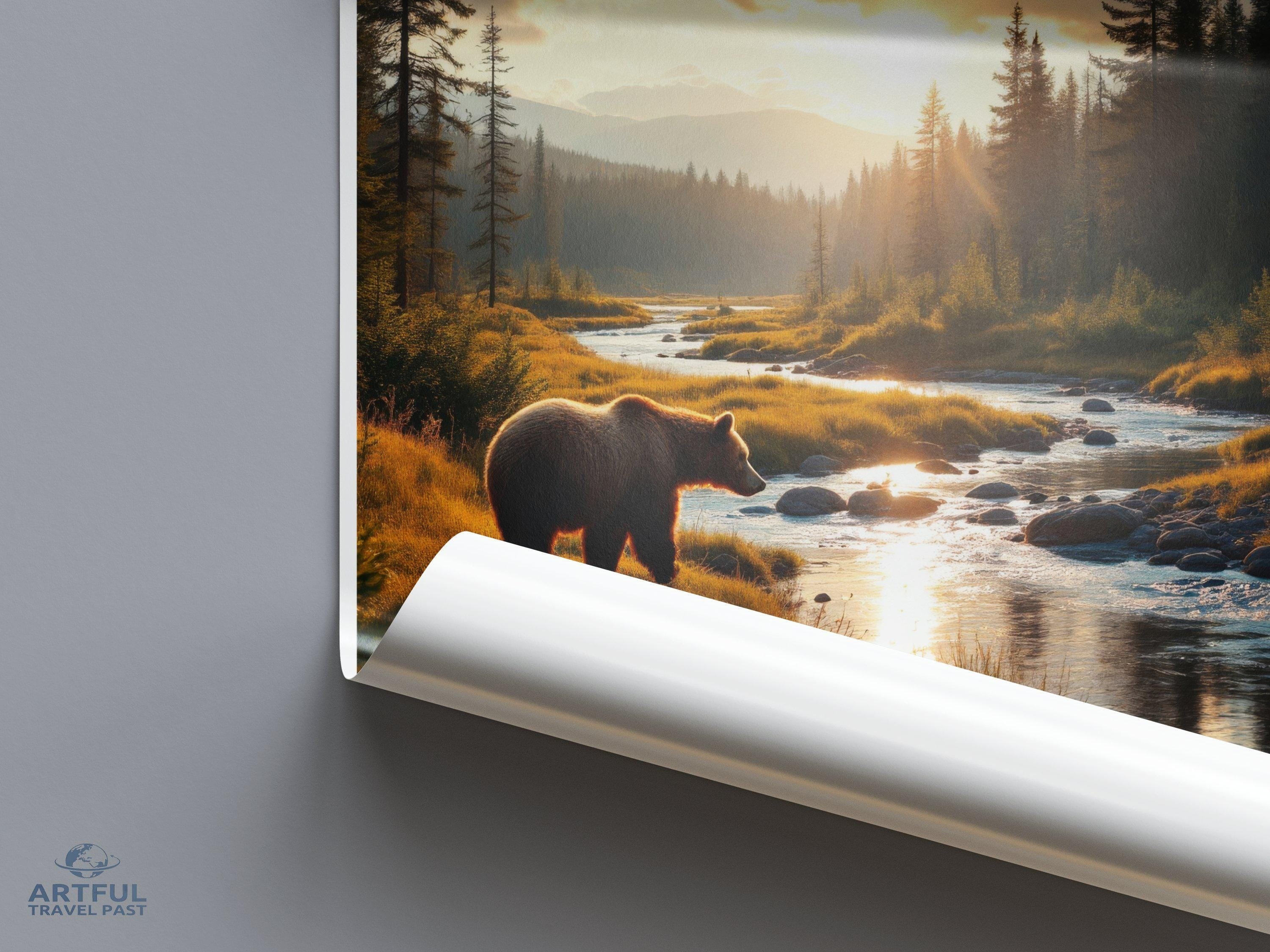 Grizzly Bear Next to River Wall Art, Sunset Landscape, Nature Canvas, Wild Animals Print, National Park Poster, Scenic Photography