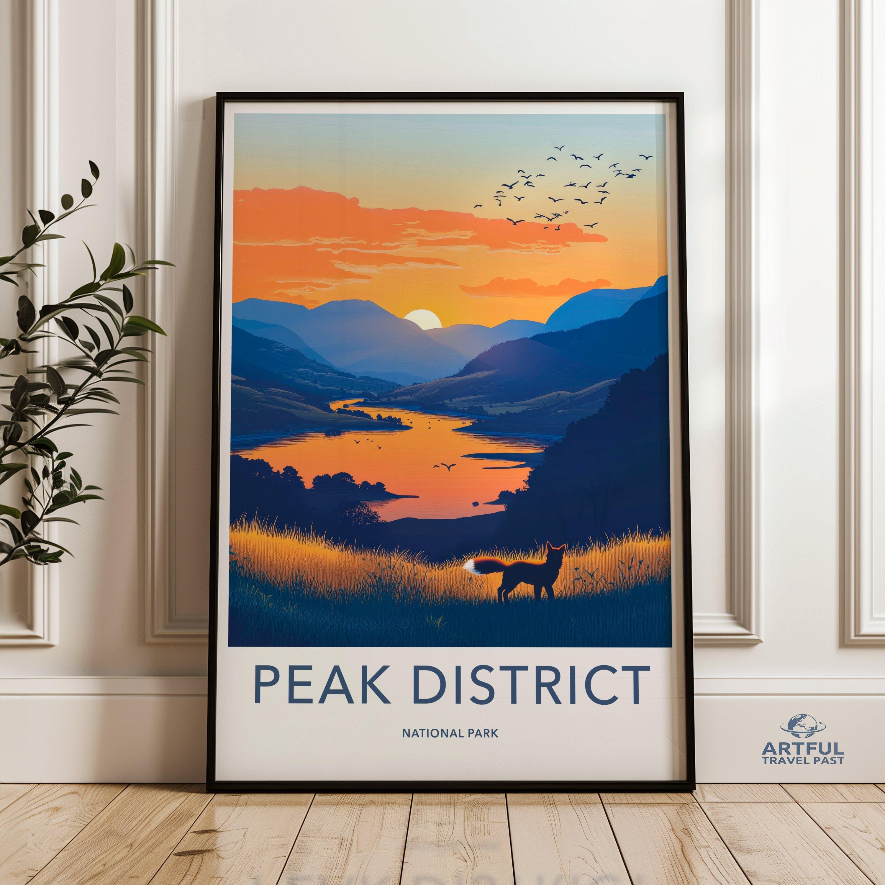 Peak District Wall Art, National Park Sunset Print, Scenic Landscape Artwork, Nature Illustration Decor, Mountain View Poster