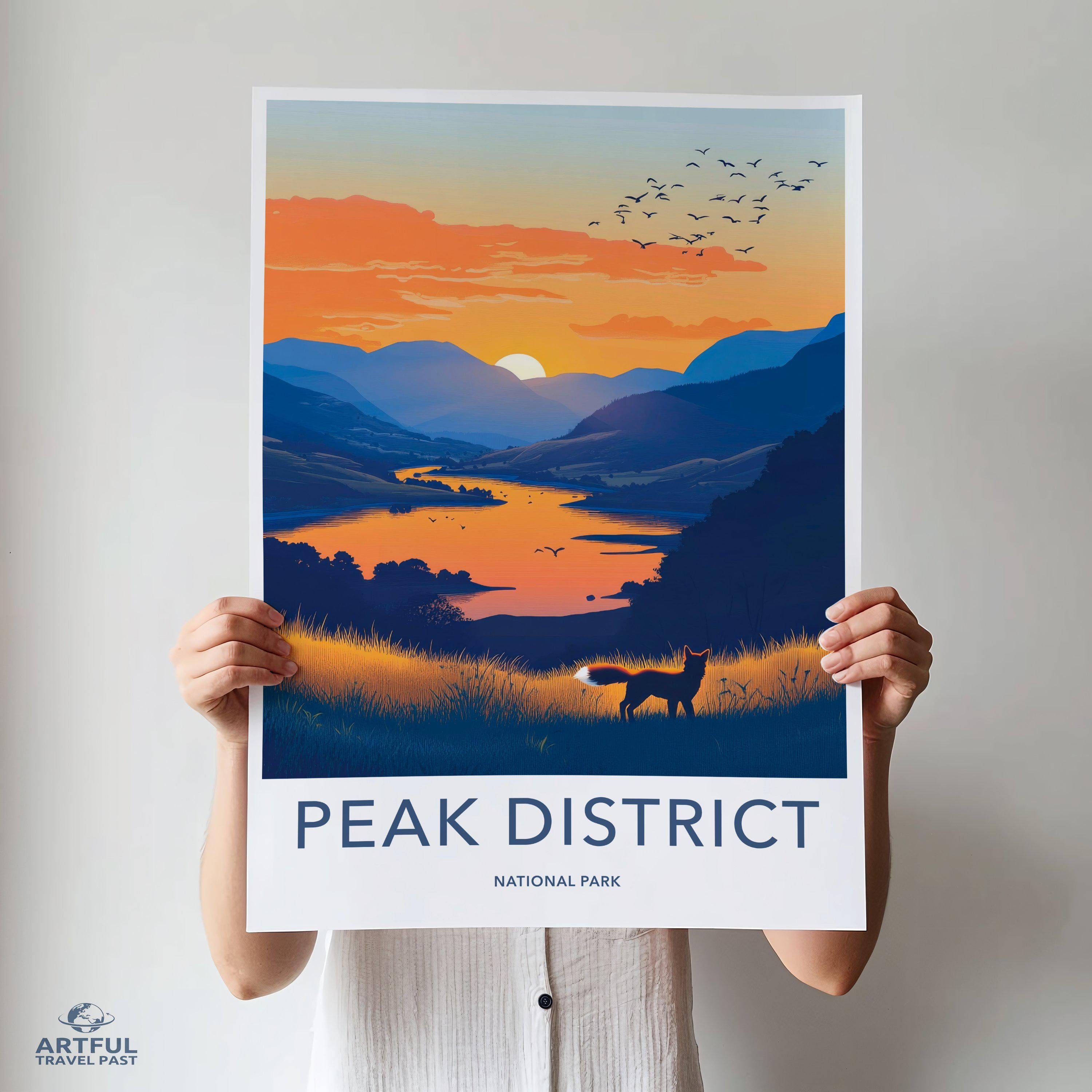 Peak District Wall Art, National Park Sunset Print, Scenic Landscape Artwork, Nature Illustration Decor, Mountain View Poster