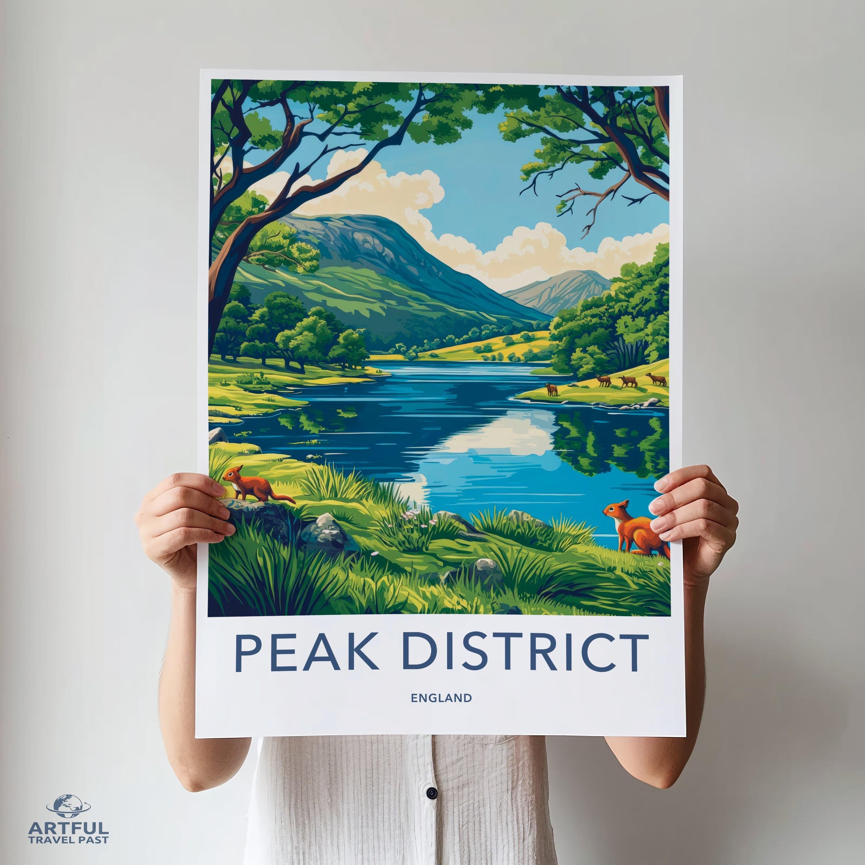 Scenic Peak District Landscape Wall Art Print, Nature Illustration Poster, Countryside Decor, Mountain and Lake Artwork