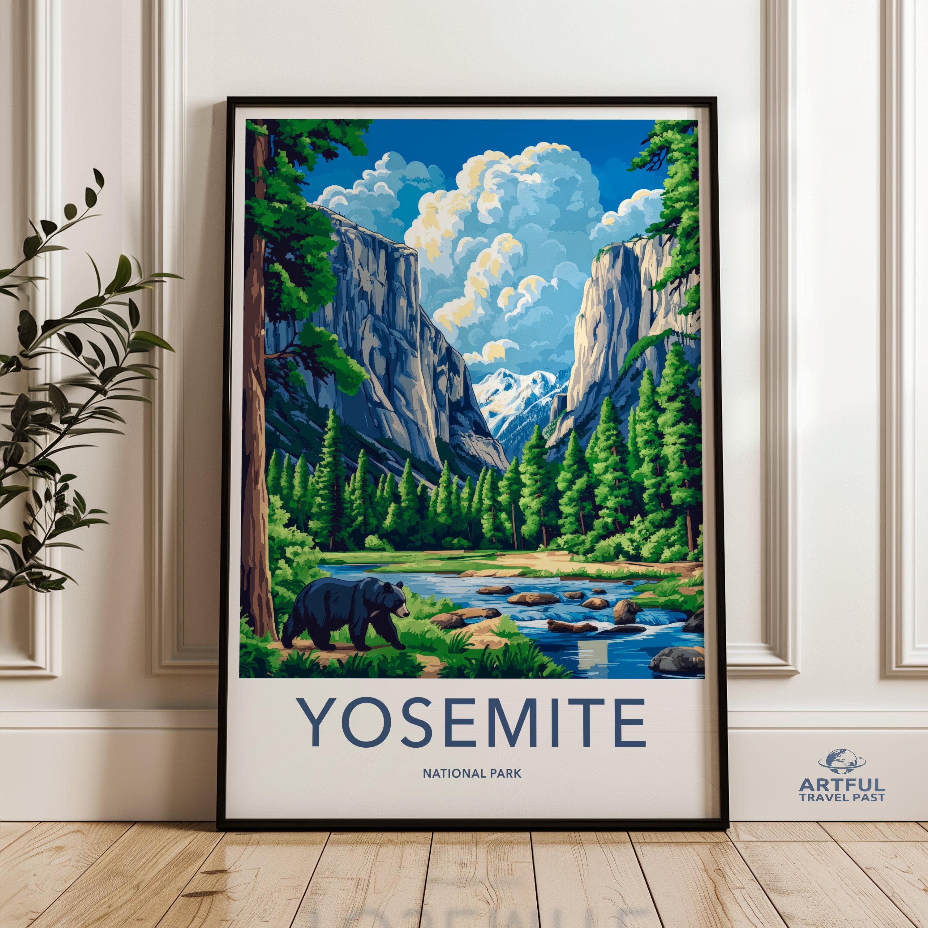 Yosemite National Park Wall Art, Nature Landscape Poster, Scenic Mountain Print, Bear and Forest Artwork, Gift for Hikers