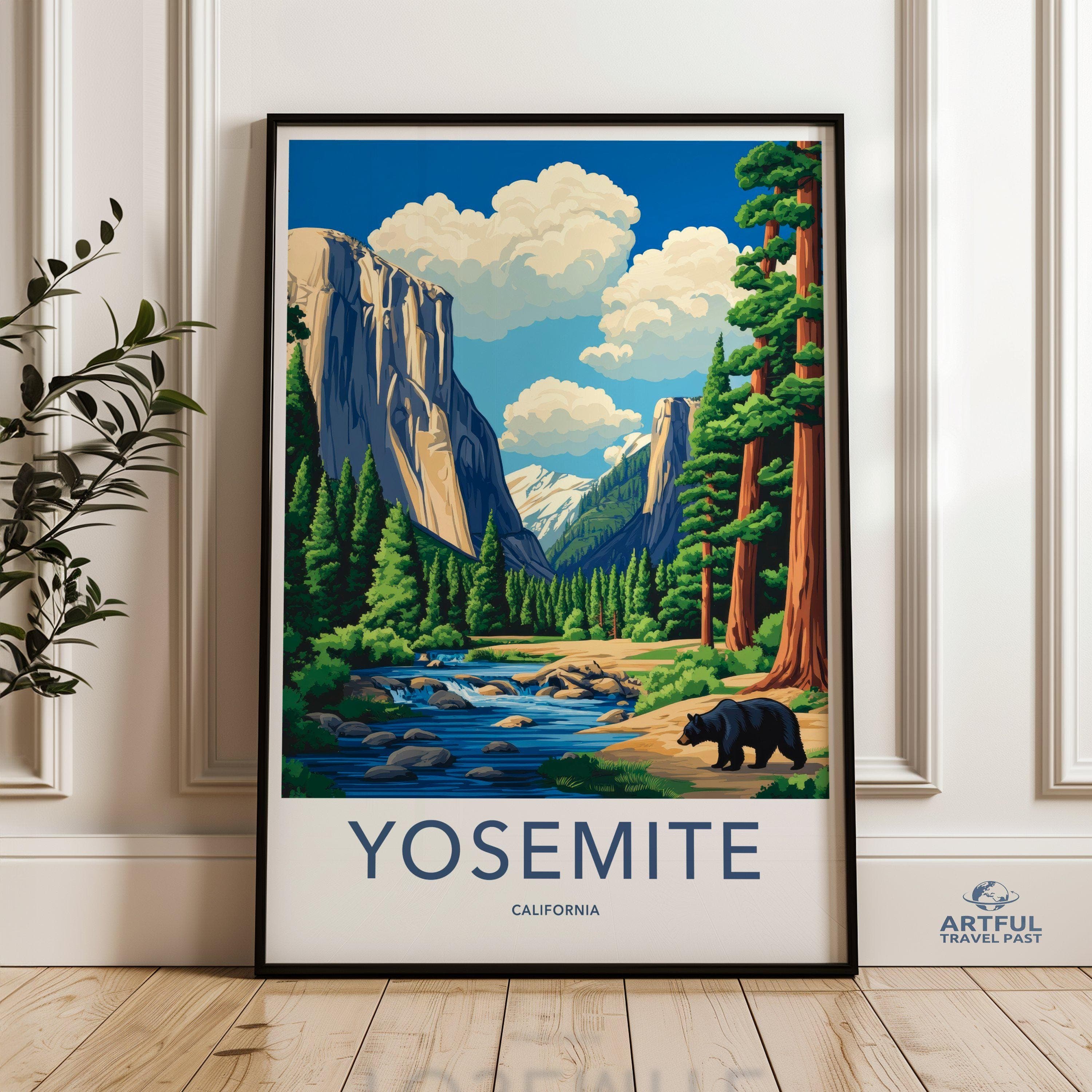 Yosemite Wall Art, California Nature Print, Mountain and Forest Poster, Bear Illustration, Scenic Landscape Decor, National Park Artwork