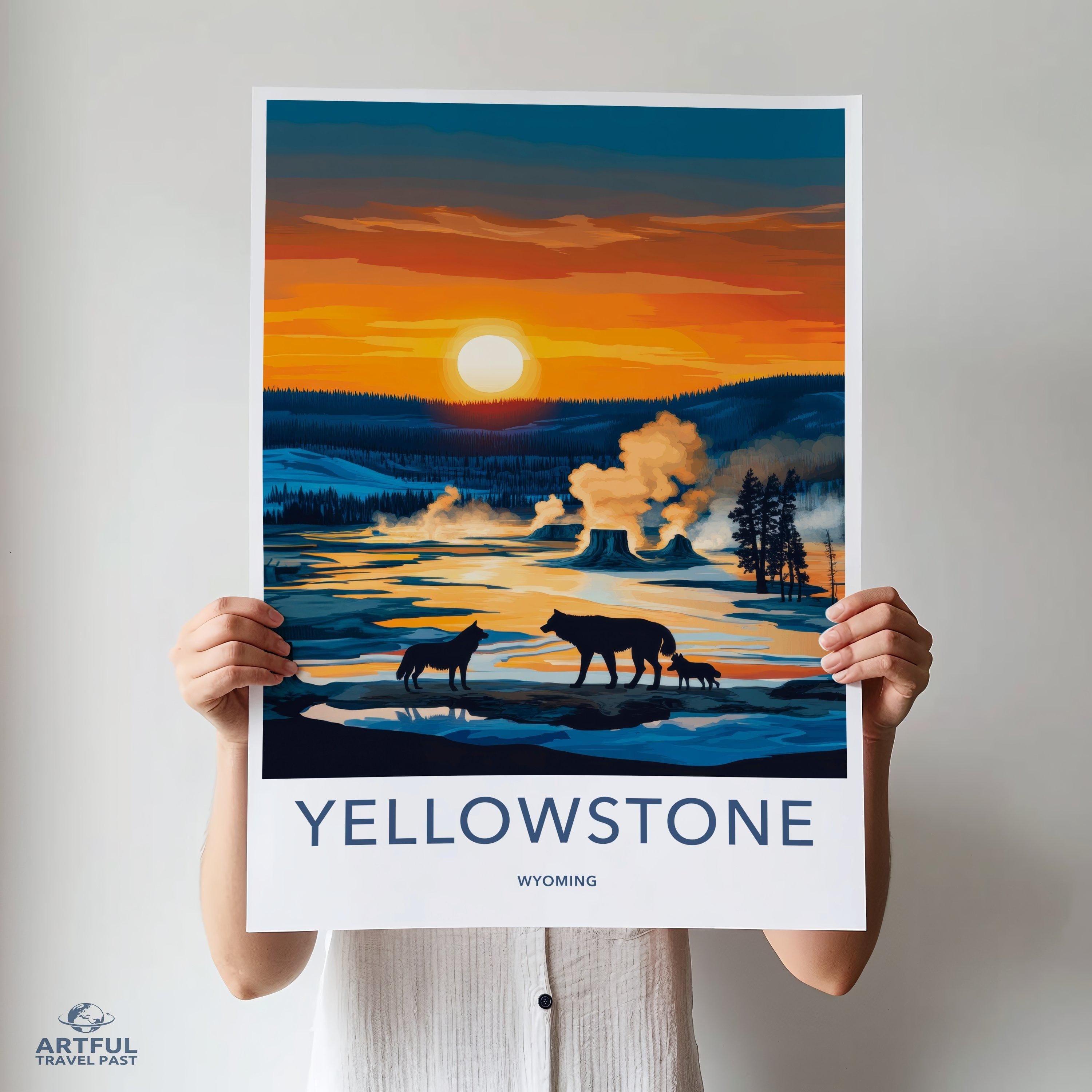 Yellowstone National Park wall art, sunset landscape print, wildlife art print, nature decor, rustic home decor, Wyoming travel poster