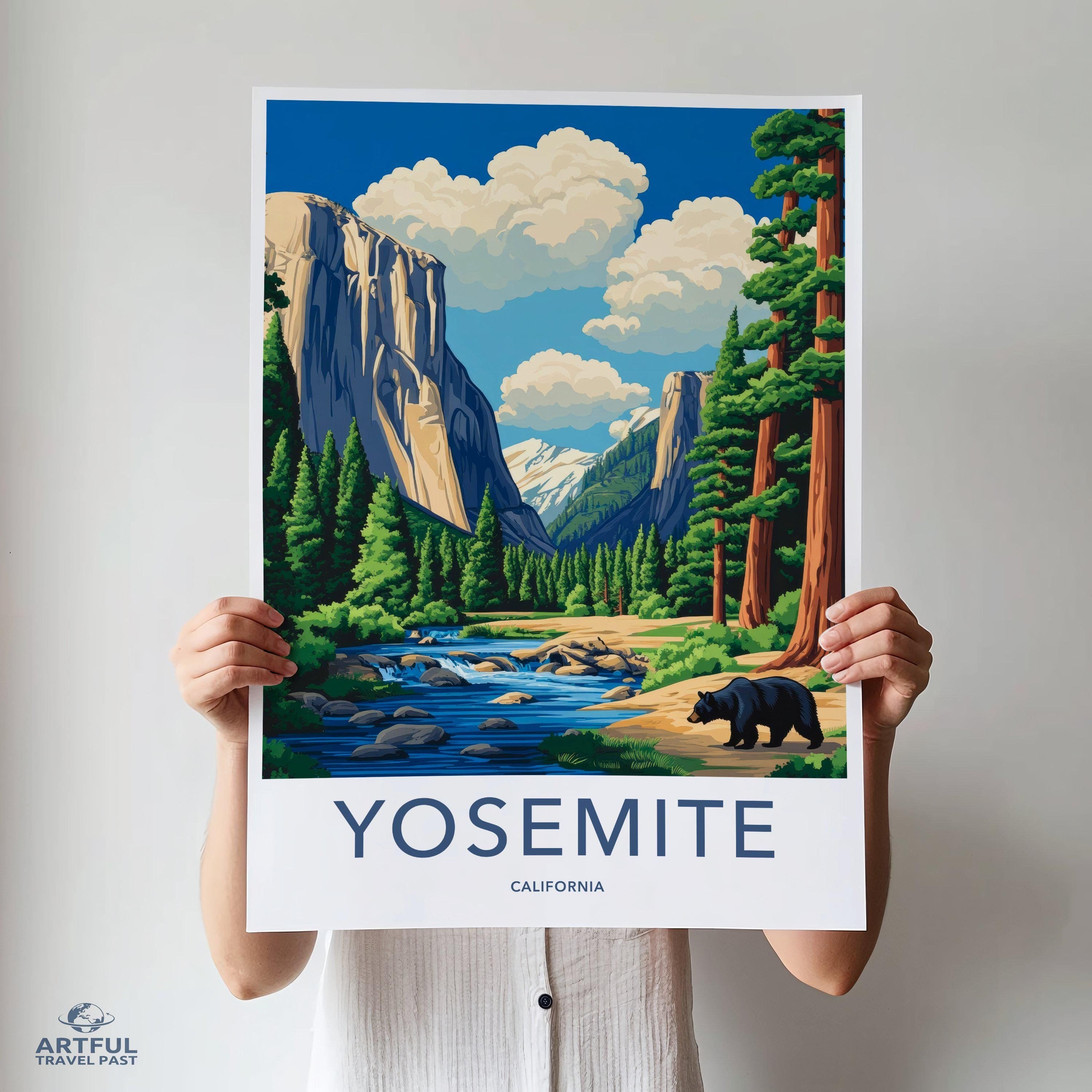 Yosemite Wall Art, California Nature Print, Mountain and Forest Poster, Bear Illustration, Scenic Landscape Decor, National Park Artwork