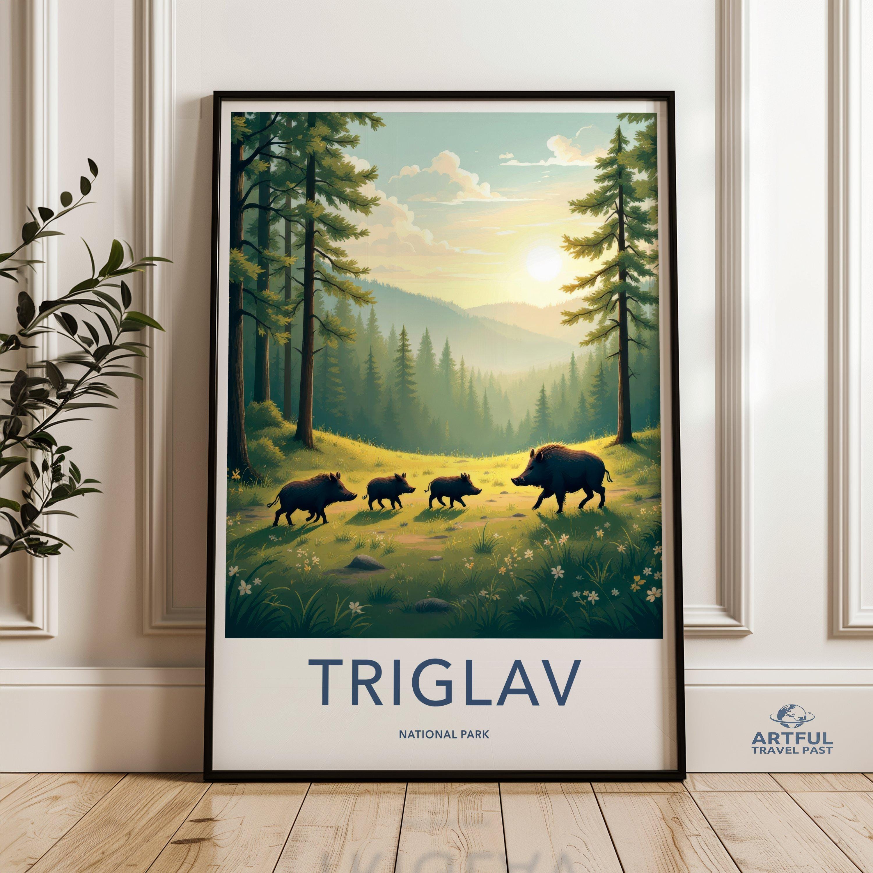 Triglav National Park Wall Art, Forest Landscape Print with Wild Boars, Nature Illustration Decor, Wilderness Home Decor