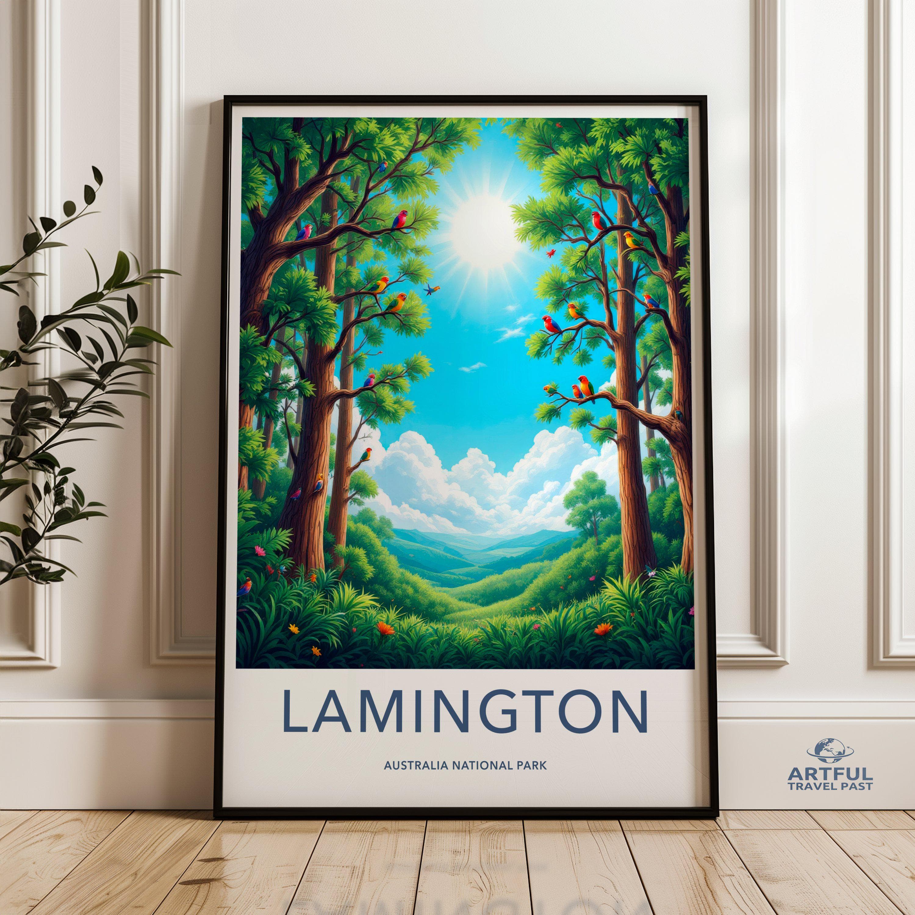 Lamington Australia National Park Wall Art, Scenic Landscape Poster, Nature Illustration Print, Sunlit Forest Decor, Vibrant Wildlife