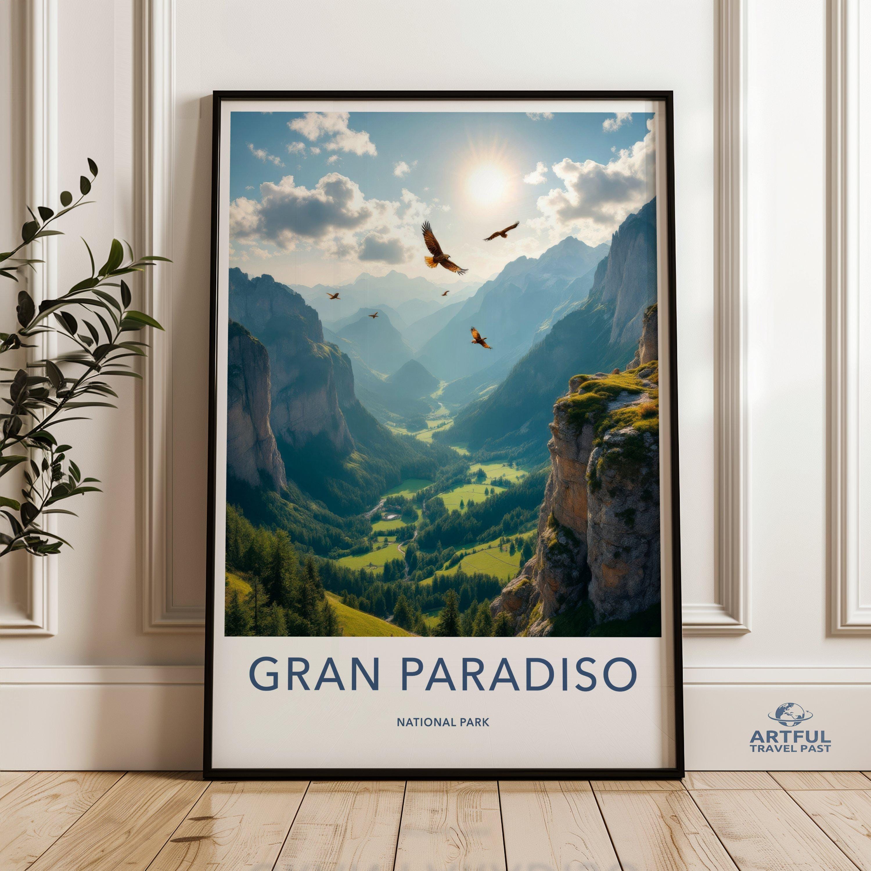 Gran Paradiso National Park Wall Art, Nature Landscape Print, Mountain Valley Poster, Sunlight Scenery, Birds in Flight Decor