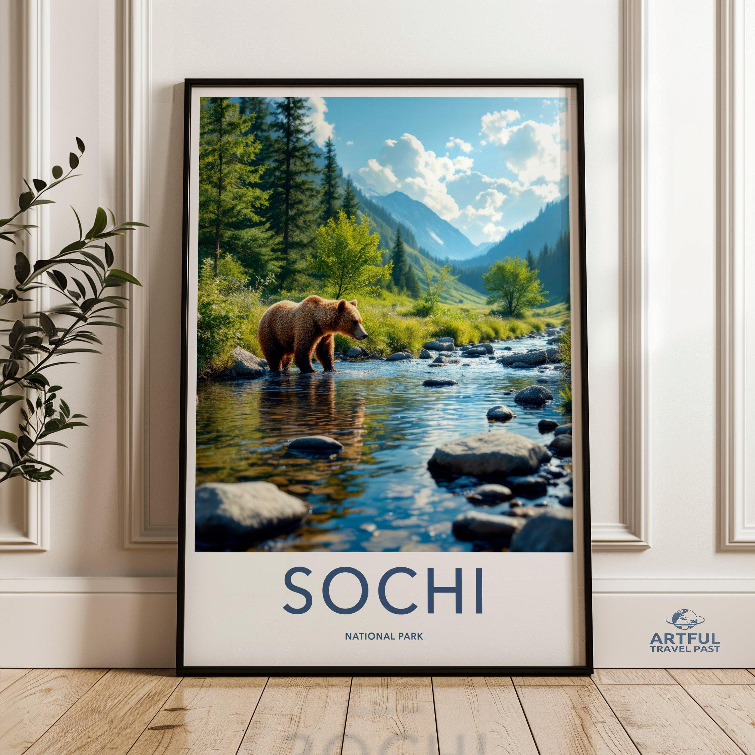 Bear in River Sochi National Park Wall Art, Nature Scenery Print, Wilderness Landscape Poster, Mountain View Decor, Wildlife Art