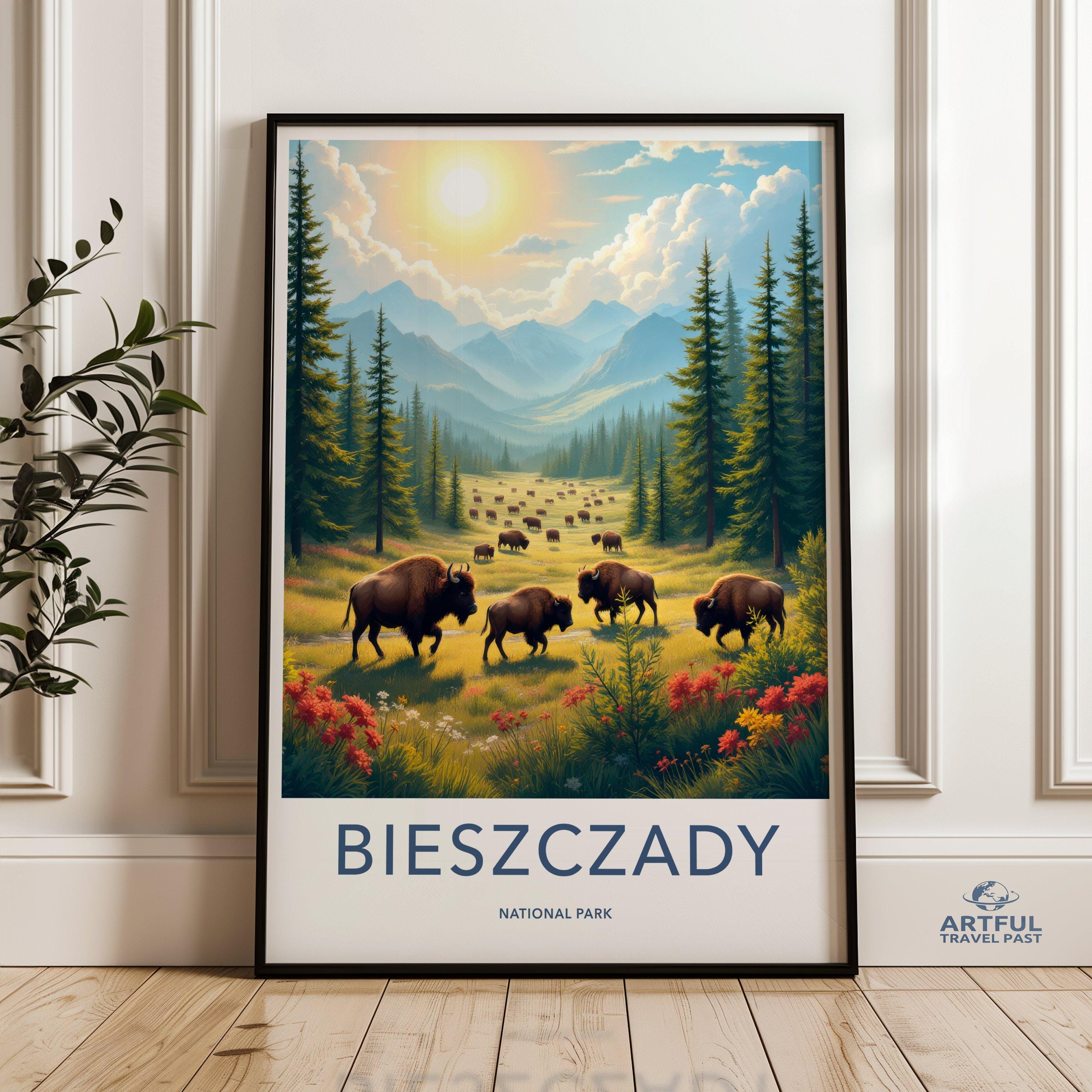 Bieszczady National Park poster, bison wall art, scenic landscape print, nature wall decor, forest mountains art, wildlife illustration