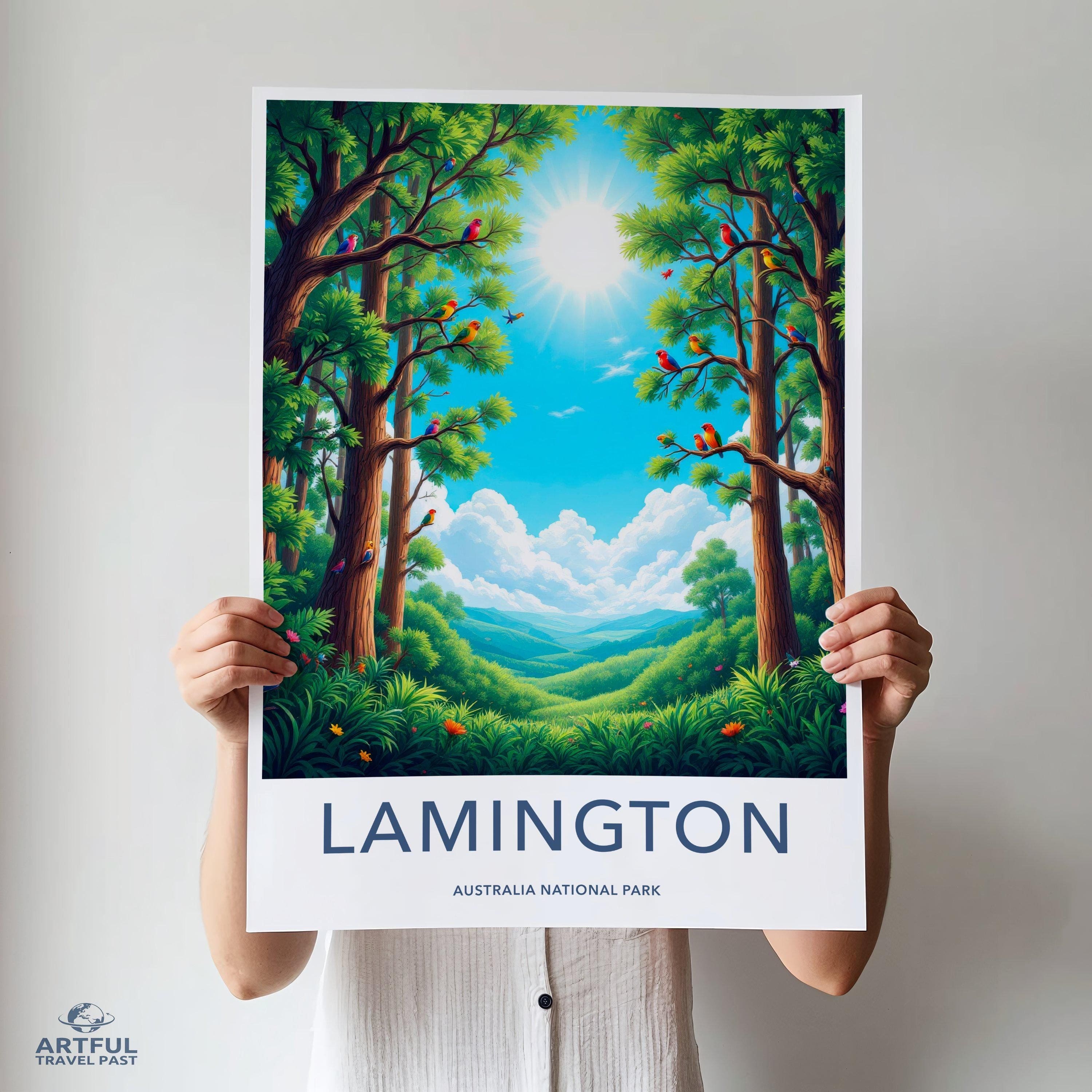 Lamington Australia National Park Wall Art, Scenic Landscape Poster, Nature Illustration Print, Sunlit Forest Decor, Vibrant Wildlife