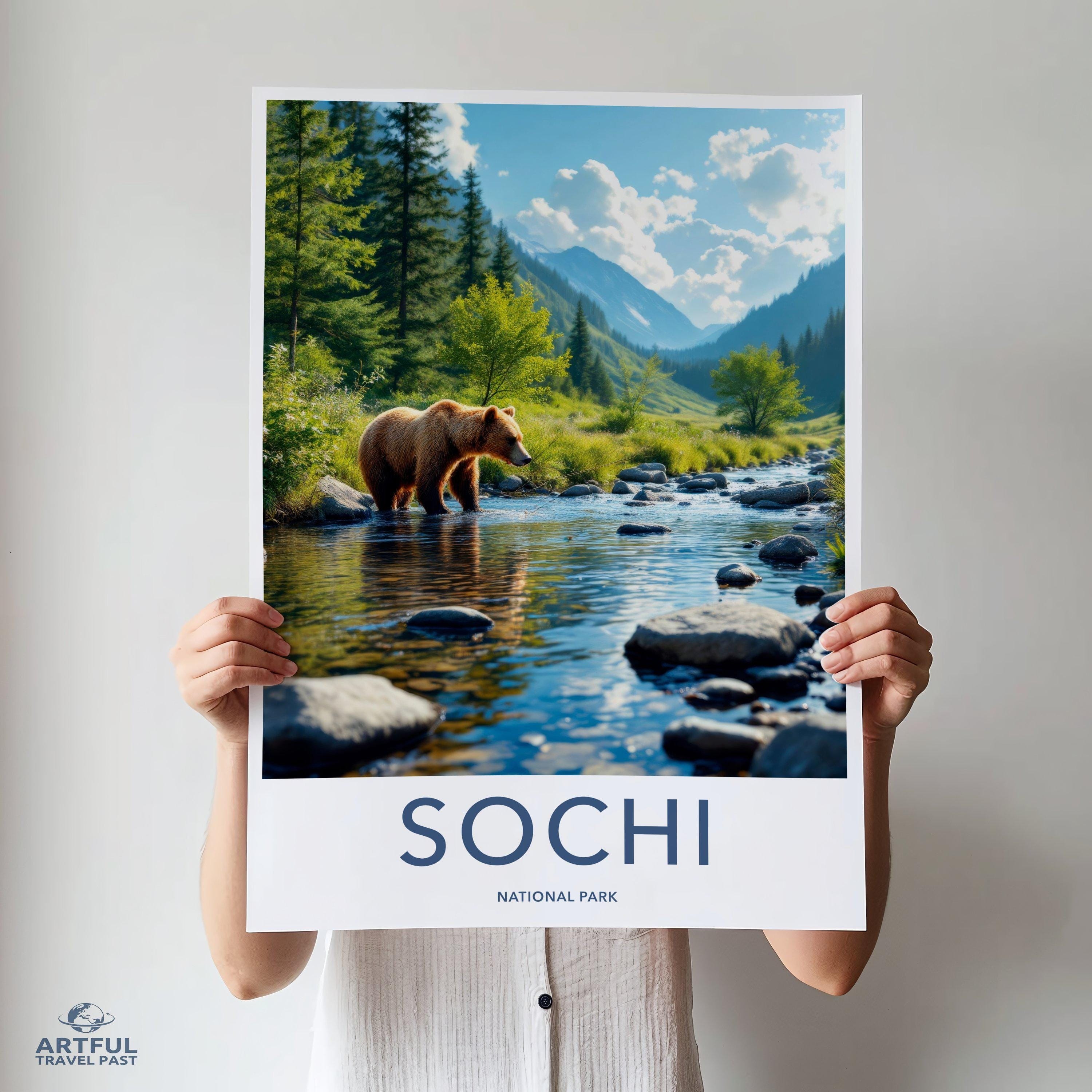 Bear in River Sochi National Park Wall Art, Nature Scenery Print, Wilderness Landscape Poster, Mountain View Decor, Wildlife Art