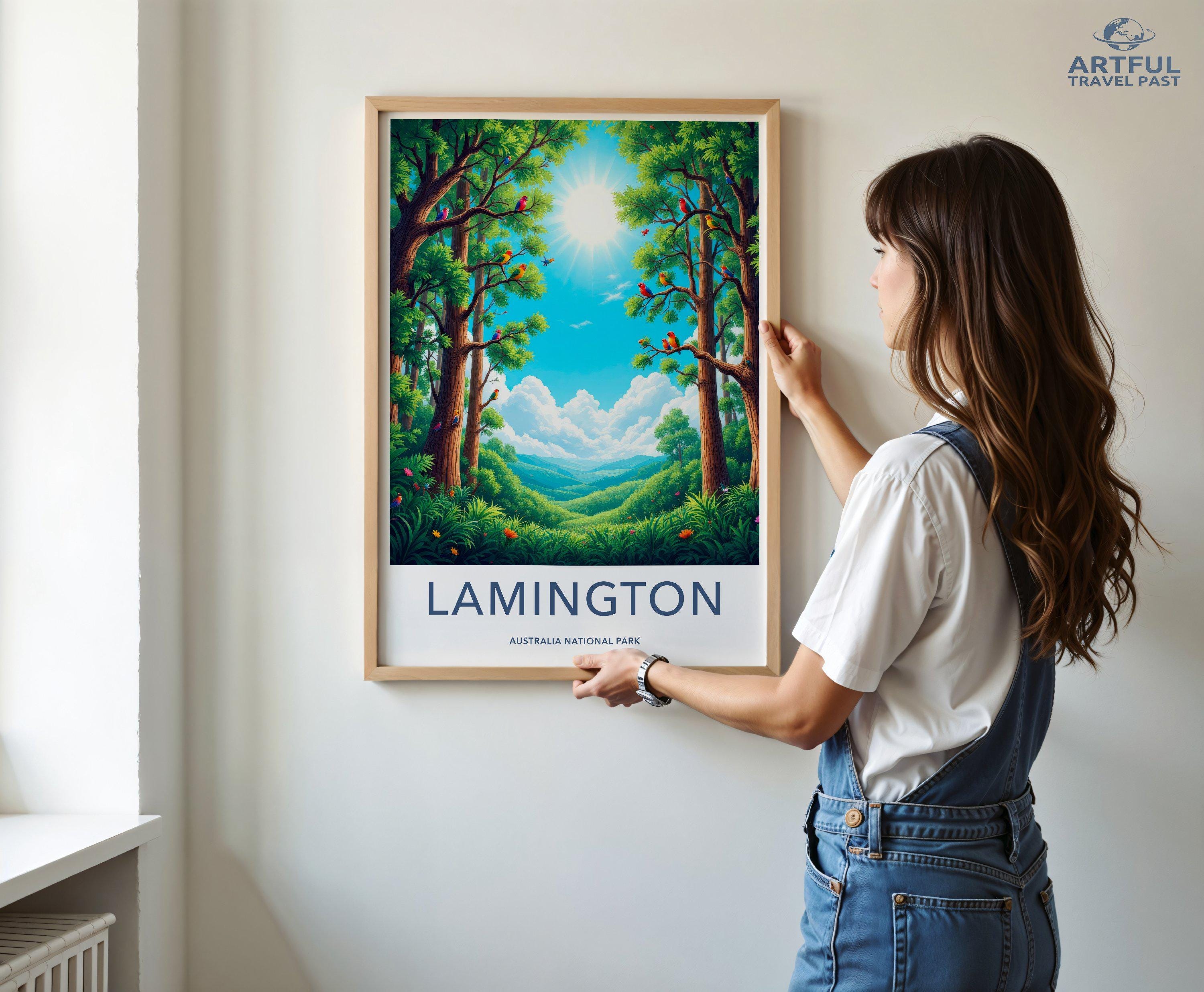 Lamington Australia National Park Wall Art, Scenic Landscape Poster, Nature Illustration Print, Sunlit Forest Decor, Vibrant Wildlife