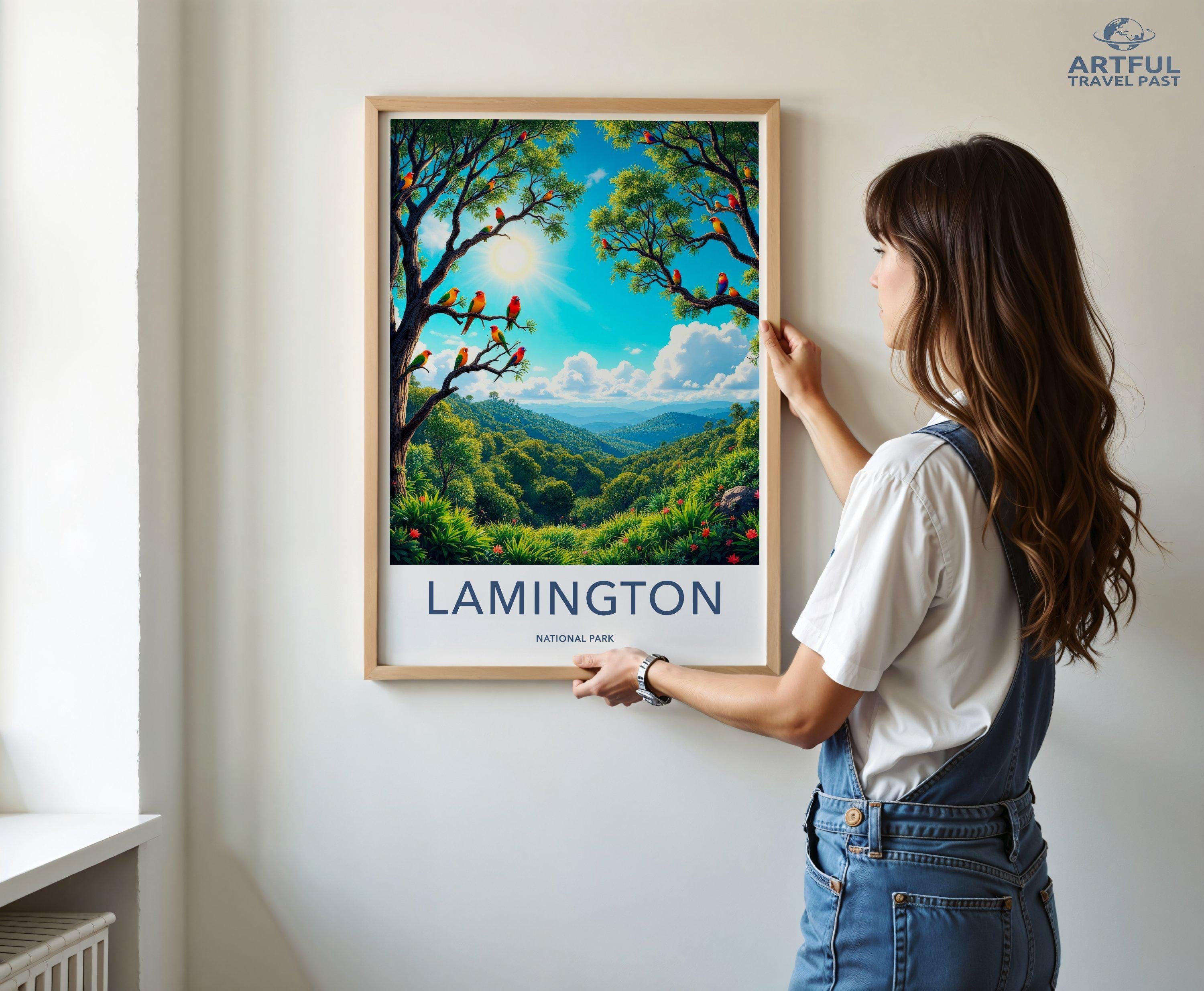 Lamington National Park wall art, Colorful nature poster, Birds in forest print, Scenic landscape artwork, Vibrant home decor