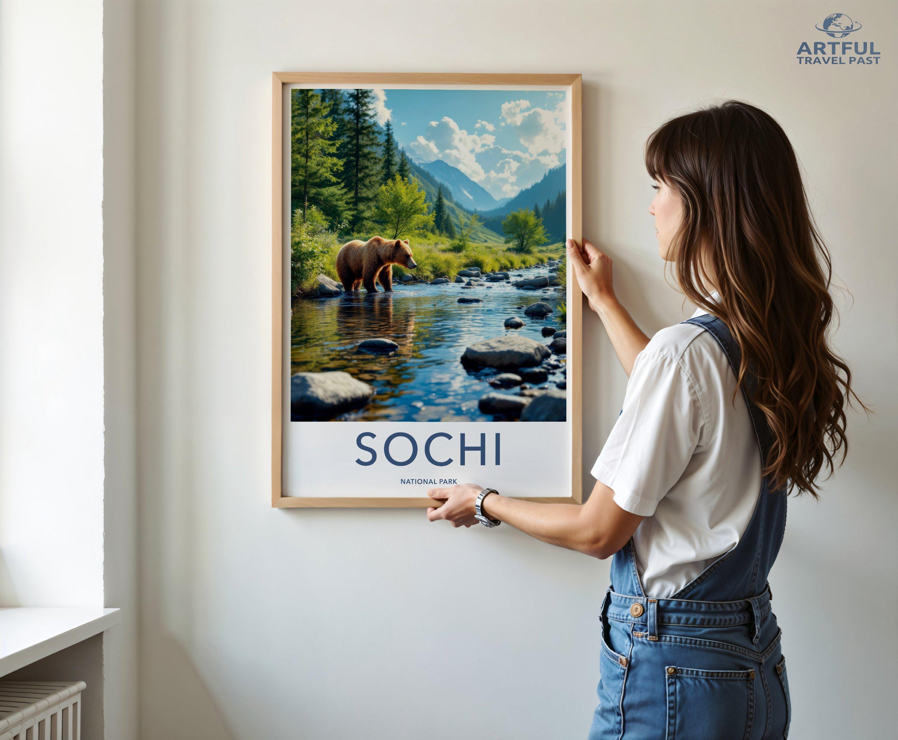 Bear in River Sochi National Park Wall Art, Nature Scenery Print, Wilderness Landscape Poster, Mountain View Decor, Wildlife Art