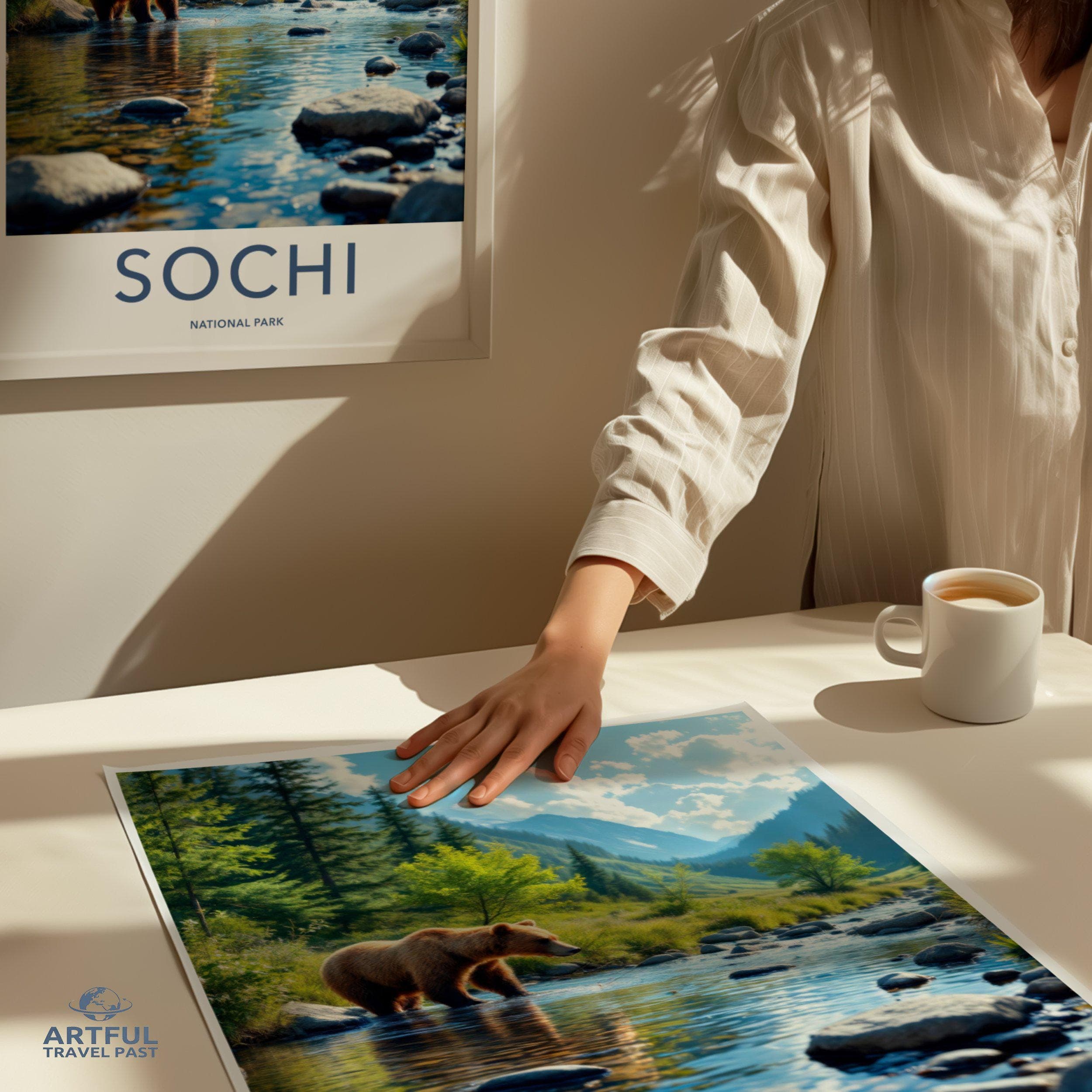 Bear in River Sochi National Park Wall Art, Nature Scenery Print, Wilderness Landscape Poster, Mountain View Decor, Wildlife Art