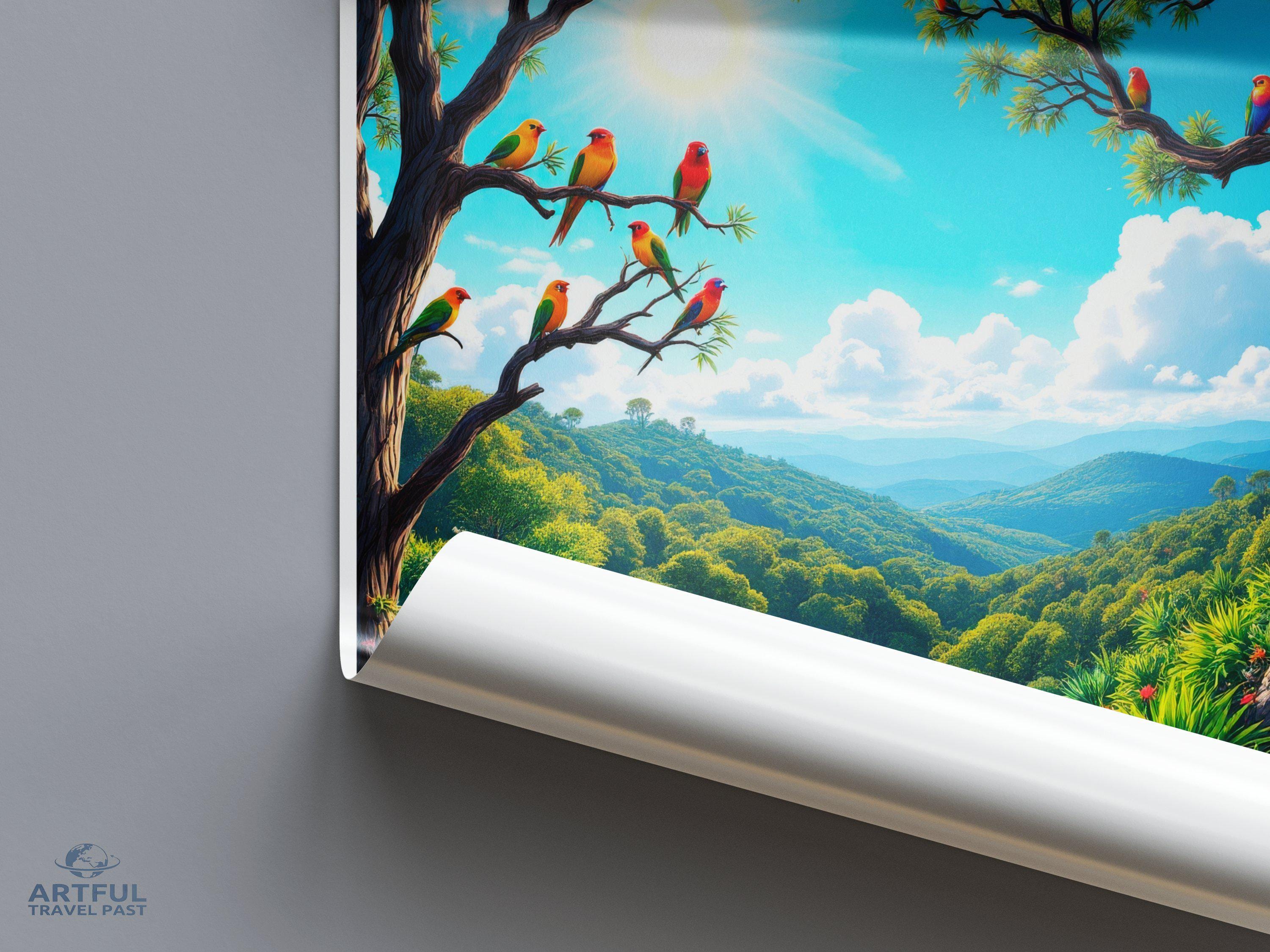 Lamington National Park wall art, Colorful nature poster, Birds in forest print, Scenic landscape artwork, Vibrant home decor