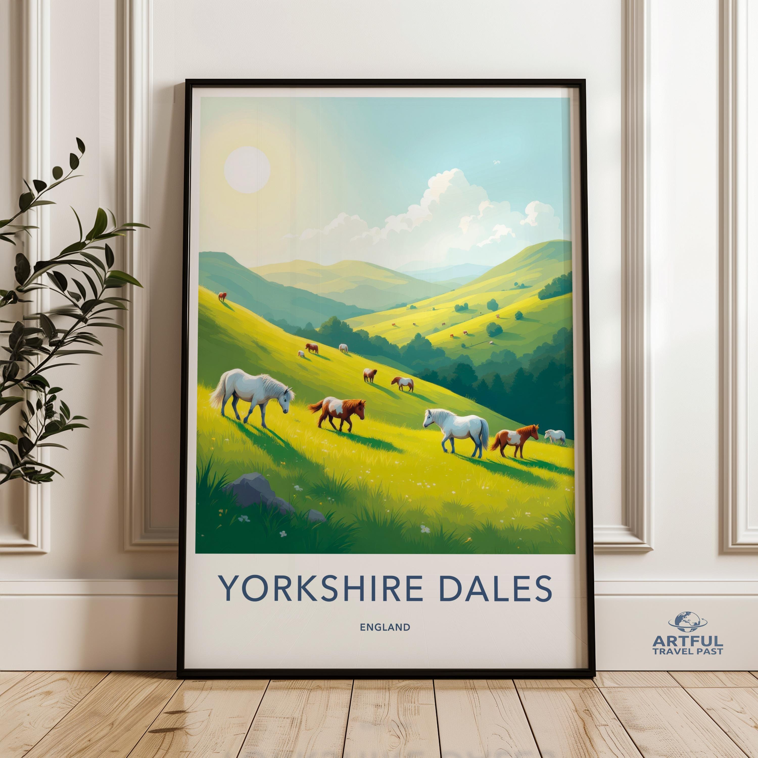 Yorkshire Dales Wall Art, England Landscape Print, Pastoral Scene Poster, Scenic Countryside Decor, Horse Field Painting, Sunny Hills
