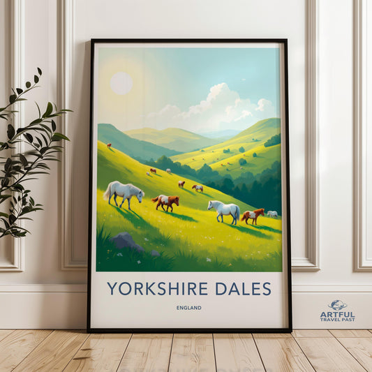 Yorkshire Dales Wall Art, England Landscape Print, Pastoral Scene Poster, Scenic Countryside Decor, Horse Field Painting, Sunny Hills