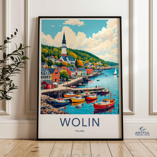 Coastal Town Wall Art, Colorful Harbor Print, Nautical Decor, Summer Seaside Poster, Lighthouse Artwork, Beach Village Painting Wolin Poland
