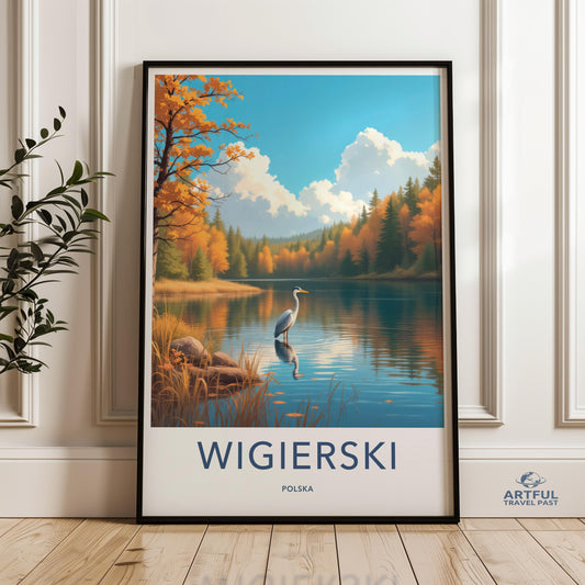 Autumn Lake Scene Wall Art, Nature Landscape Print, Scenic Fall Forest Artwork, Tranquil Water Reflection Painting, Heron Wildlife Poster