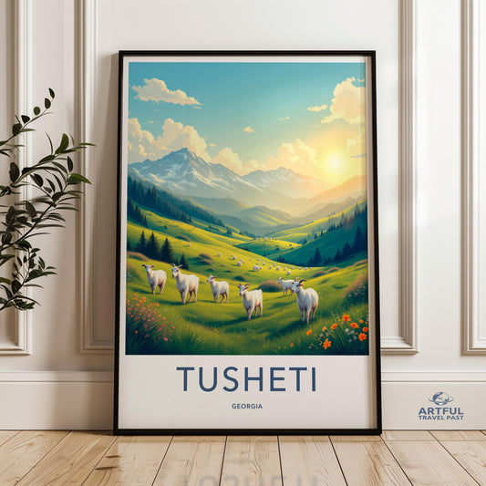 Vintage Tusheti Travel Poster, Georgia Mountain Scenery Print, Sheep Pasture Landscape Art, Rustic Country Home Decor Gift