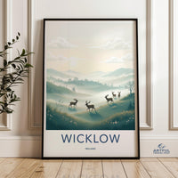 Wicklow Ireland Travel Poster, Deer in Misty Mountains Wall Art, Nature Landscape Print, Scenic Wildlife Artwork, Modern Decor