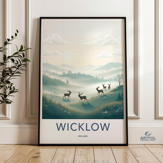 Wicklow Ireland Travel Poster, Deer in Misty Mountains Wall Art, Nature Landscape Print, Scenic Wildlife Artwork, Modern Decor