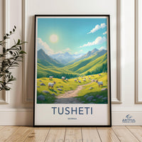 Tusheti Georgia Wall Art, Mountain Landscape Poster, Pastoral Scene with Sheep, Nature Illustration, Serene Decor for Home