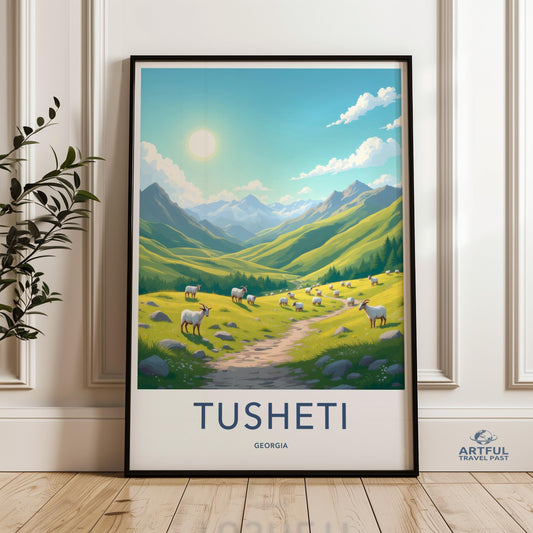 Tusheti Georgia Wall Art, Mountain Landscape Poster, Pastoral Scene with Sheep, Nature Illustration, Serene Decor for Home