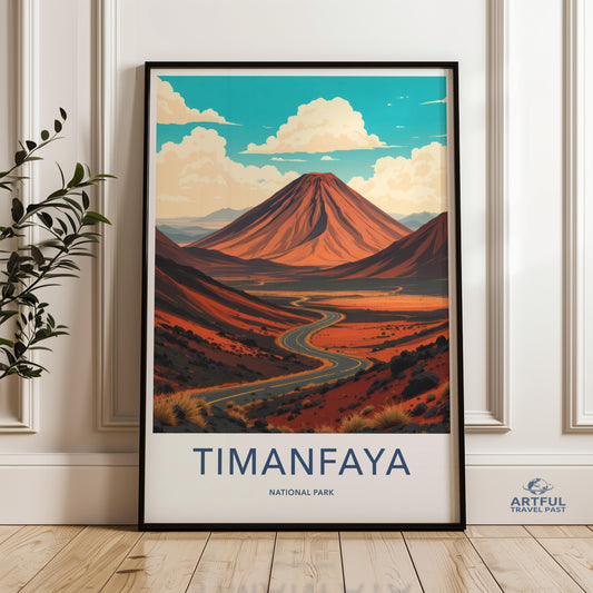 Timanfaya National Park Wall Art, Scenic Volcanic Landscape Print, Nature Home Decor, Travel Poster Artwork, Volcano Illustration