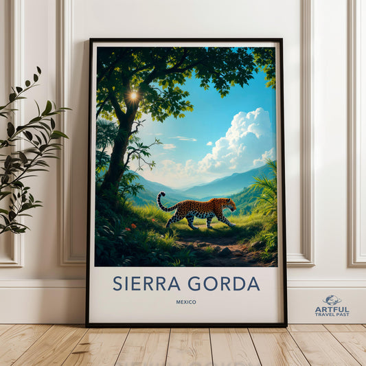Sierra Gorda wall art print, colorful jungle scenic decor, leopard landscape artwork, vibrant nature illustration, mountains artwork